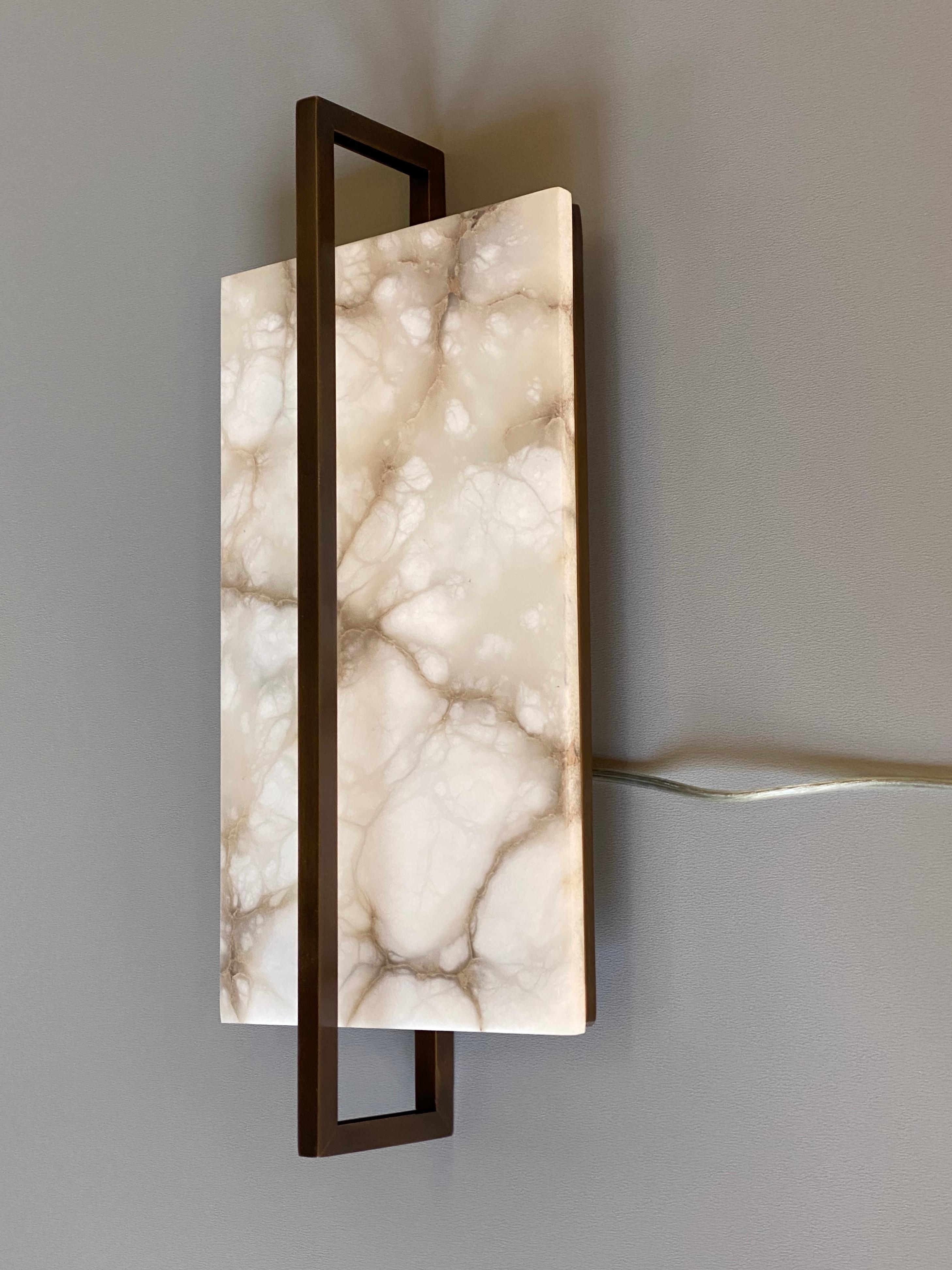 Contemporary Italian Minimalist Alabaster & Bronze Geometric Tile Wall Light 8