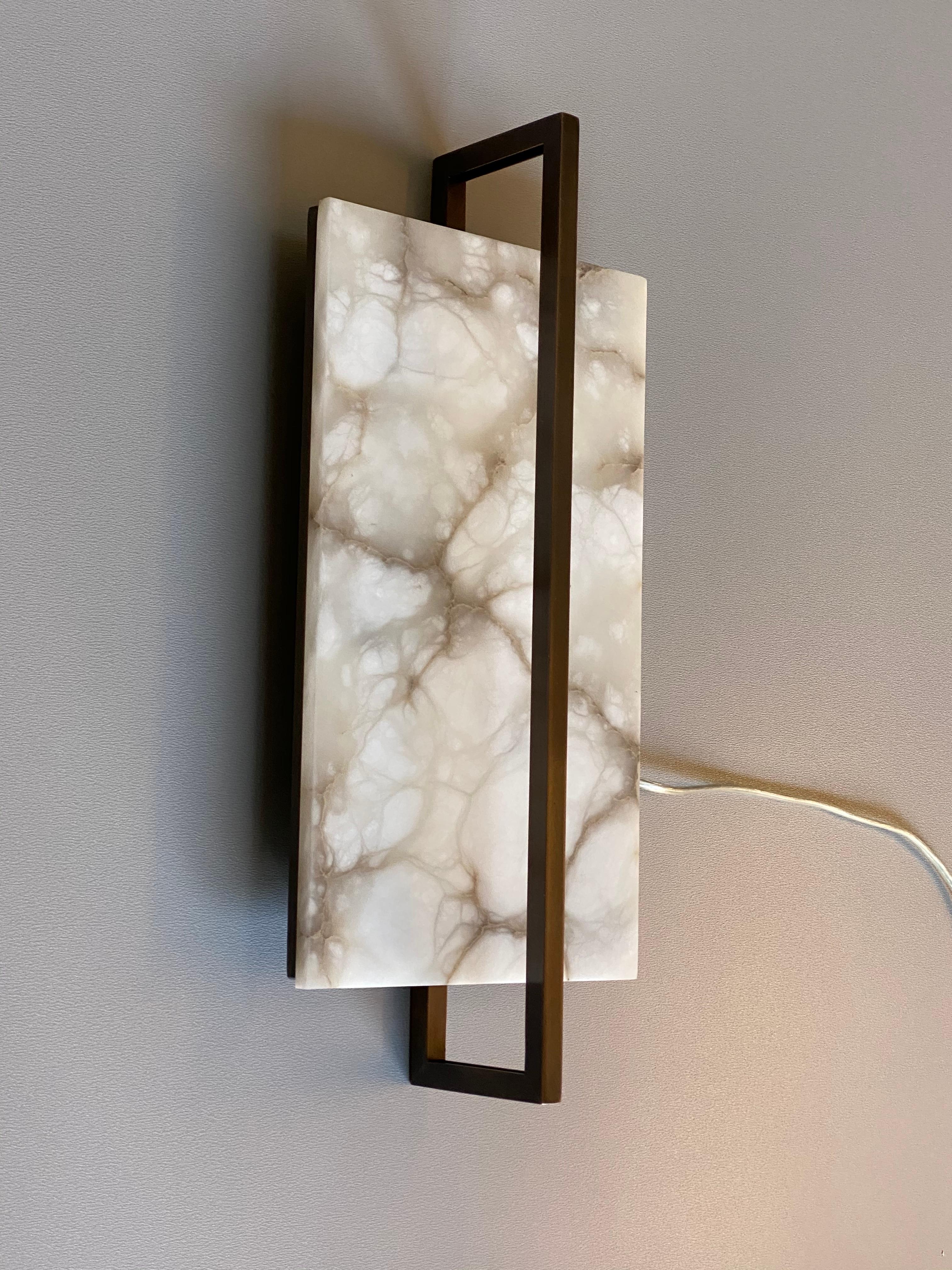 Contemporary Italian Minimalist Alabaster & Bronze Geometric Tile Wall Light 9