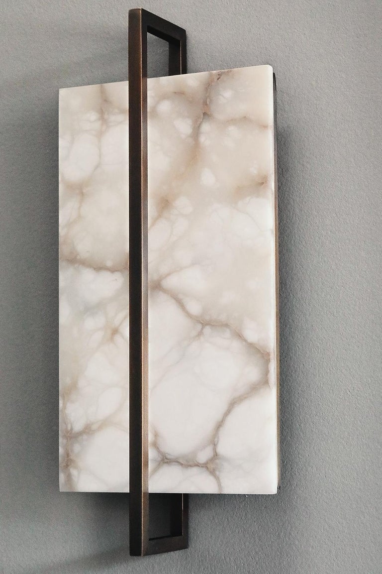 Contemporary Italian Minimalist Alabaster & Bronze Geometric Tile Wall Light In New Condition For Sale In New York, NY