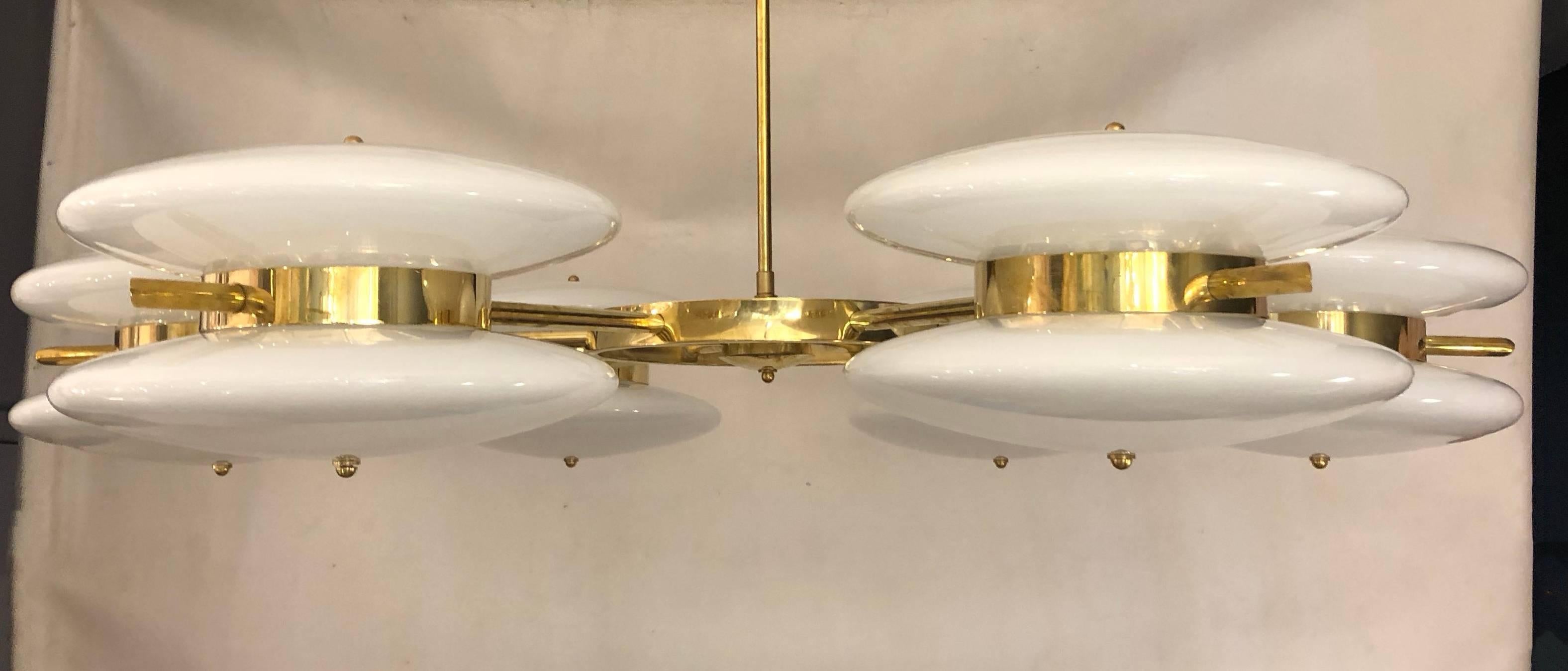 Hand-Crafted Italian Minimalist Contemporary White Murano Glass and Brass Chandelier For Sale