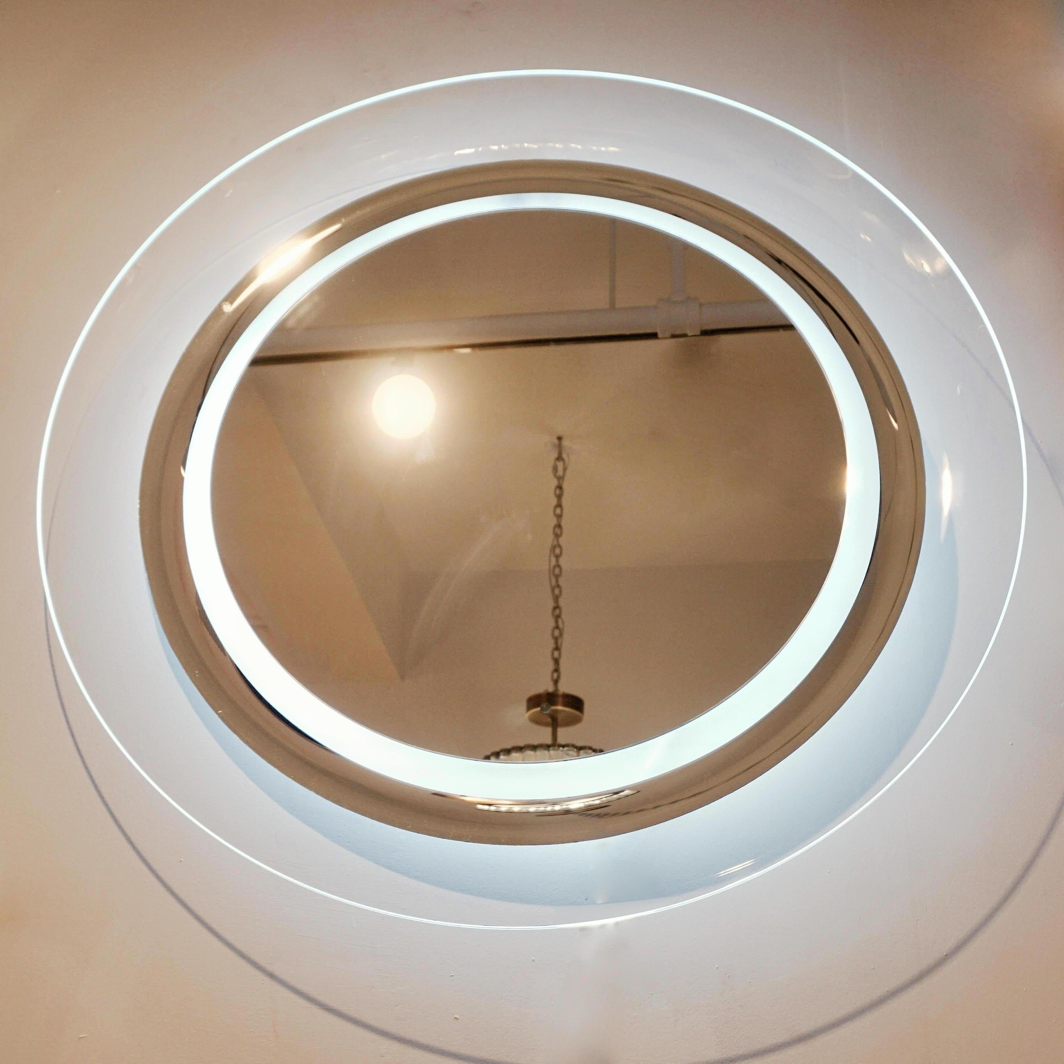 Organic Modern Contemporary Italian Minimalist Curved Silver & Frosted Glass Round Lit Mirror