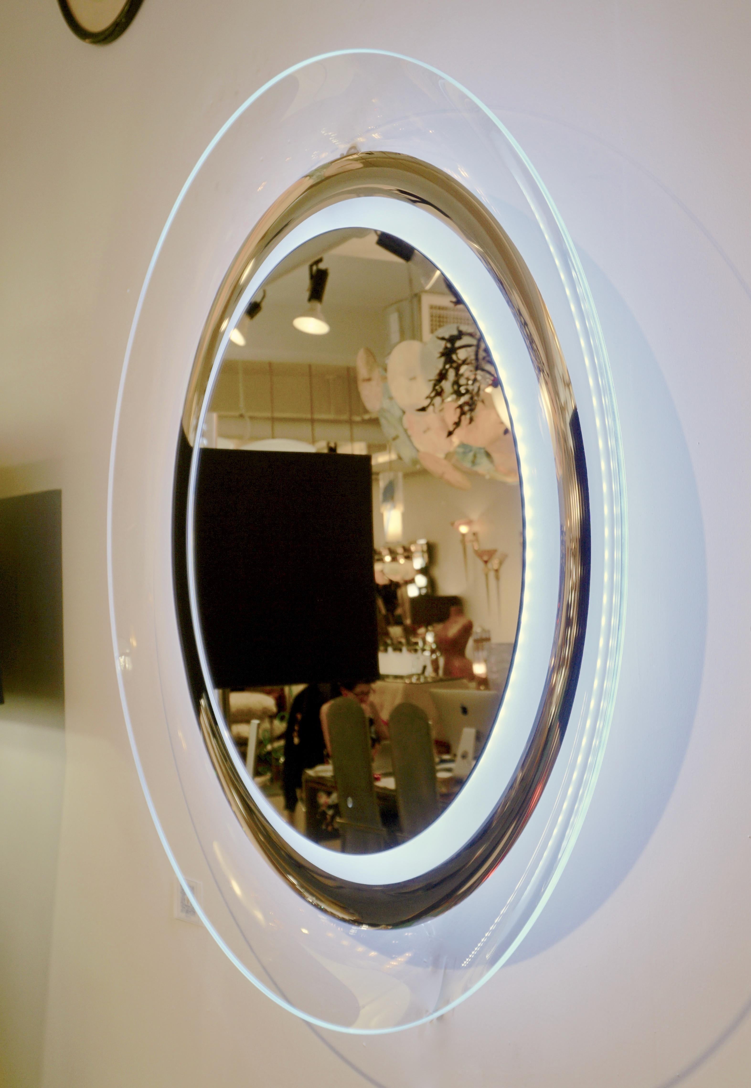 Contemporary Italian Minimalist Curved Silver & Frosted Glass Round Lit Mirror 1