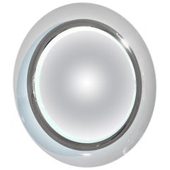 Contemporary Italian Minimalist Curved Silver & Frosted Glass Round Lit Mirror