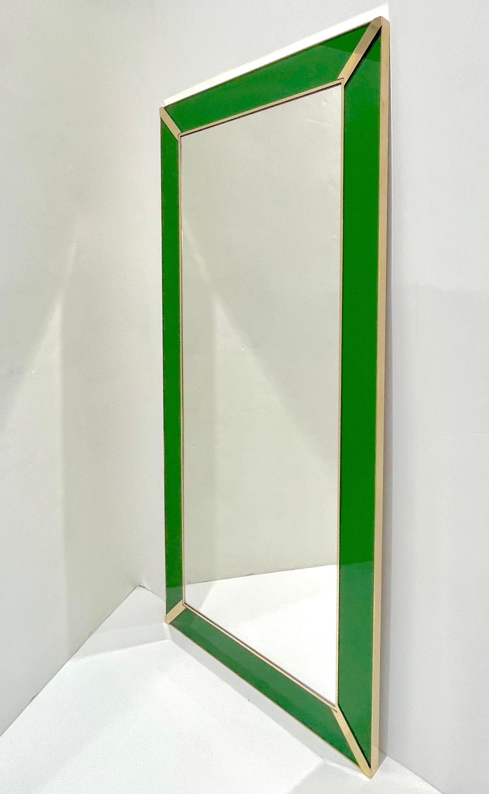 Contemporary Italian Minimalist Design Green Glass Mirror with Brass Accents For Sale 3