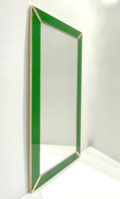 Contemporary Italian Minimalist Design Green Glass Mirror with Brass Accents