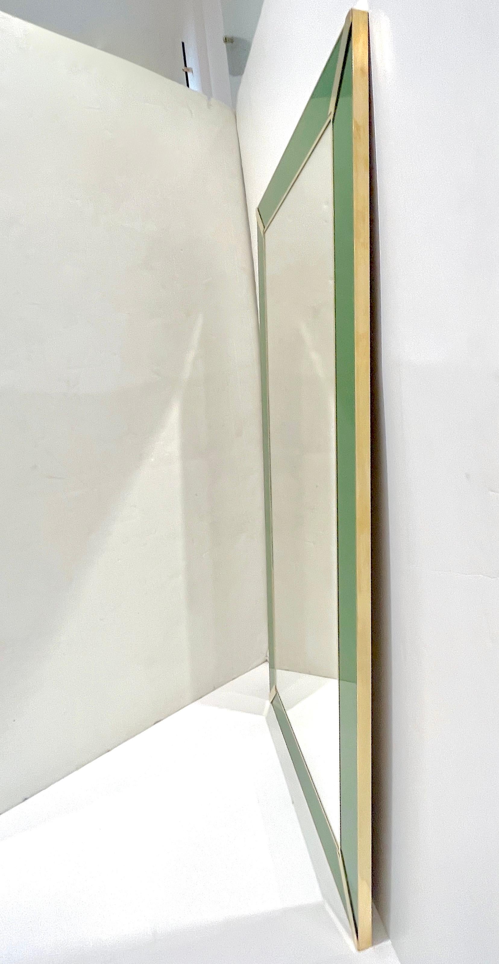 Organic Modern Contemporary Italian Minimalist Design Green Glass Mirror with Brass Accents For Sale