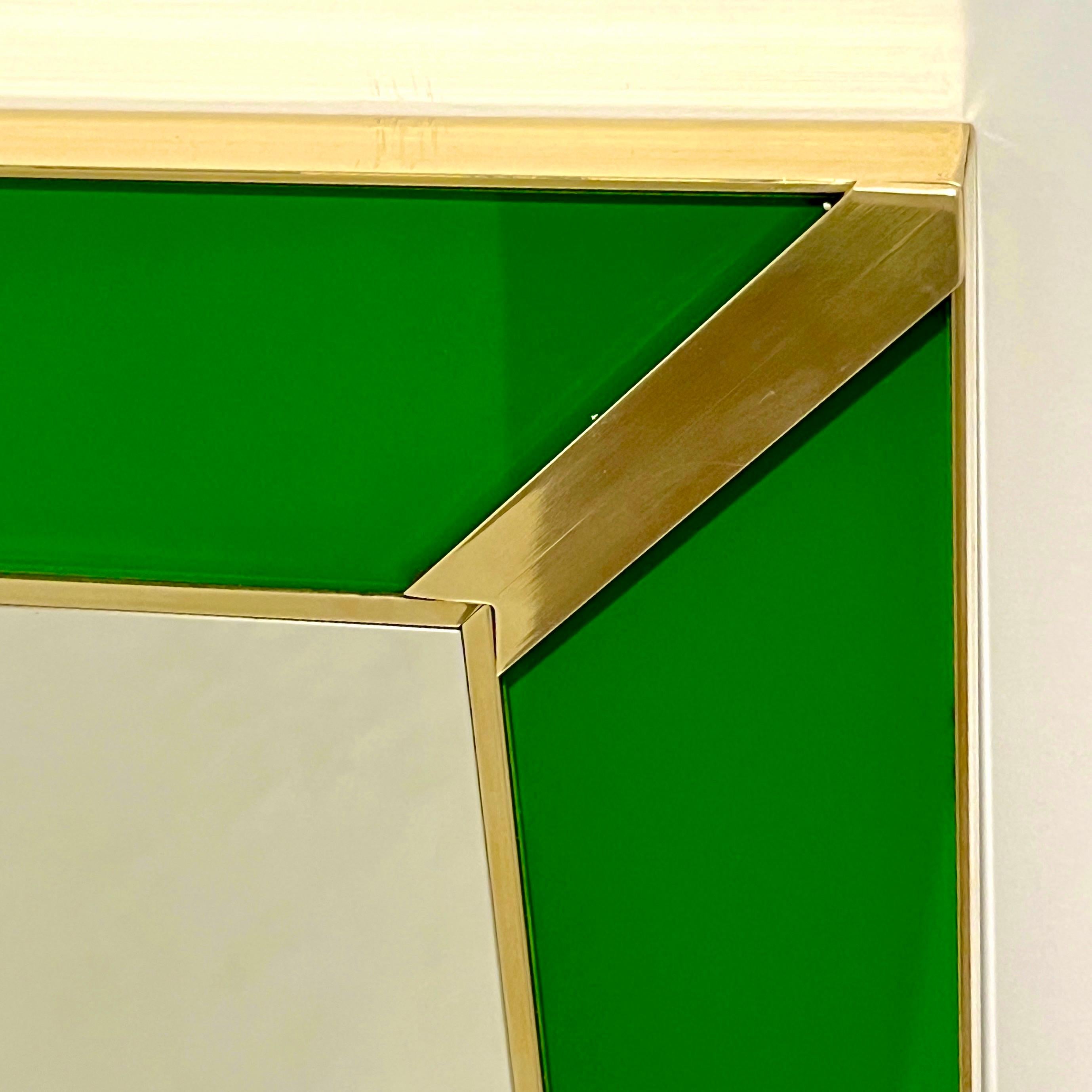 Hand-Crafted Contemporary Italian Minimalist Design Green Glass Mirror with Brass Accents For Sale