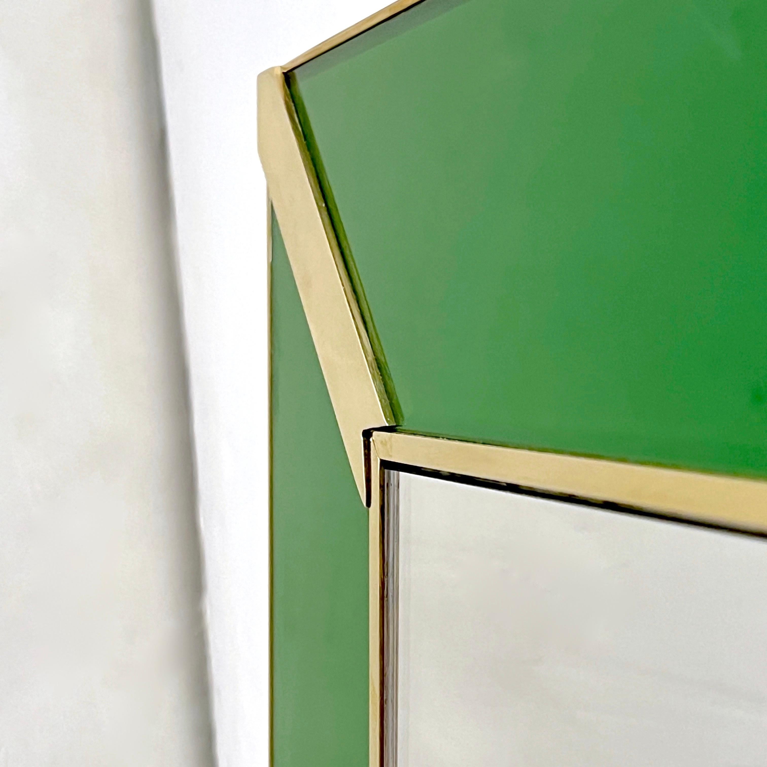 Contemporary Italian Minimalist Design Green Glass Mirror with Brass Accents For Sale 1