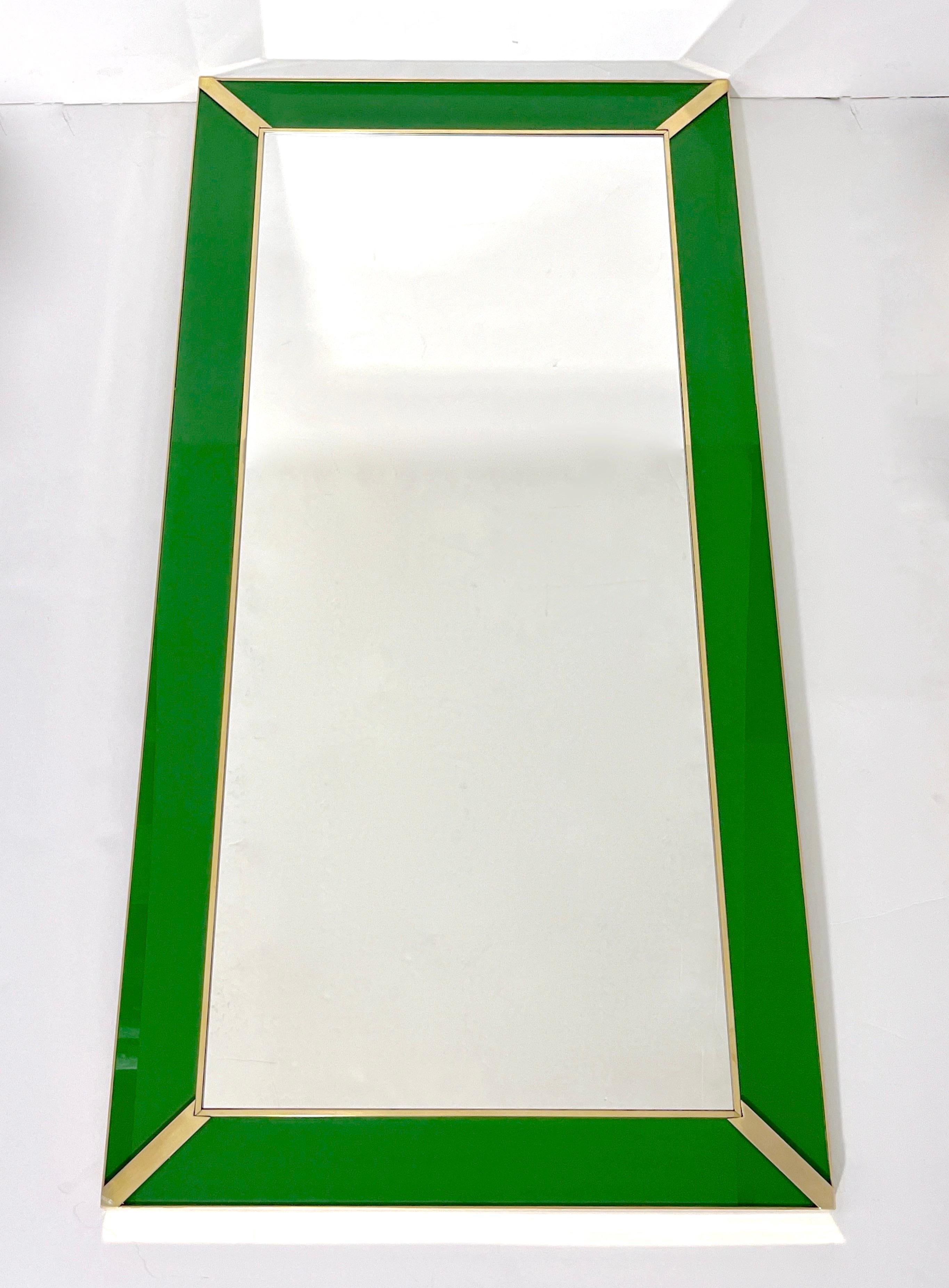 Contemporary Italian Minimalist Design Green Glass Mirror with Brass Accents For Sale 2