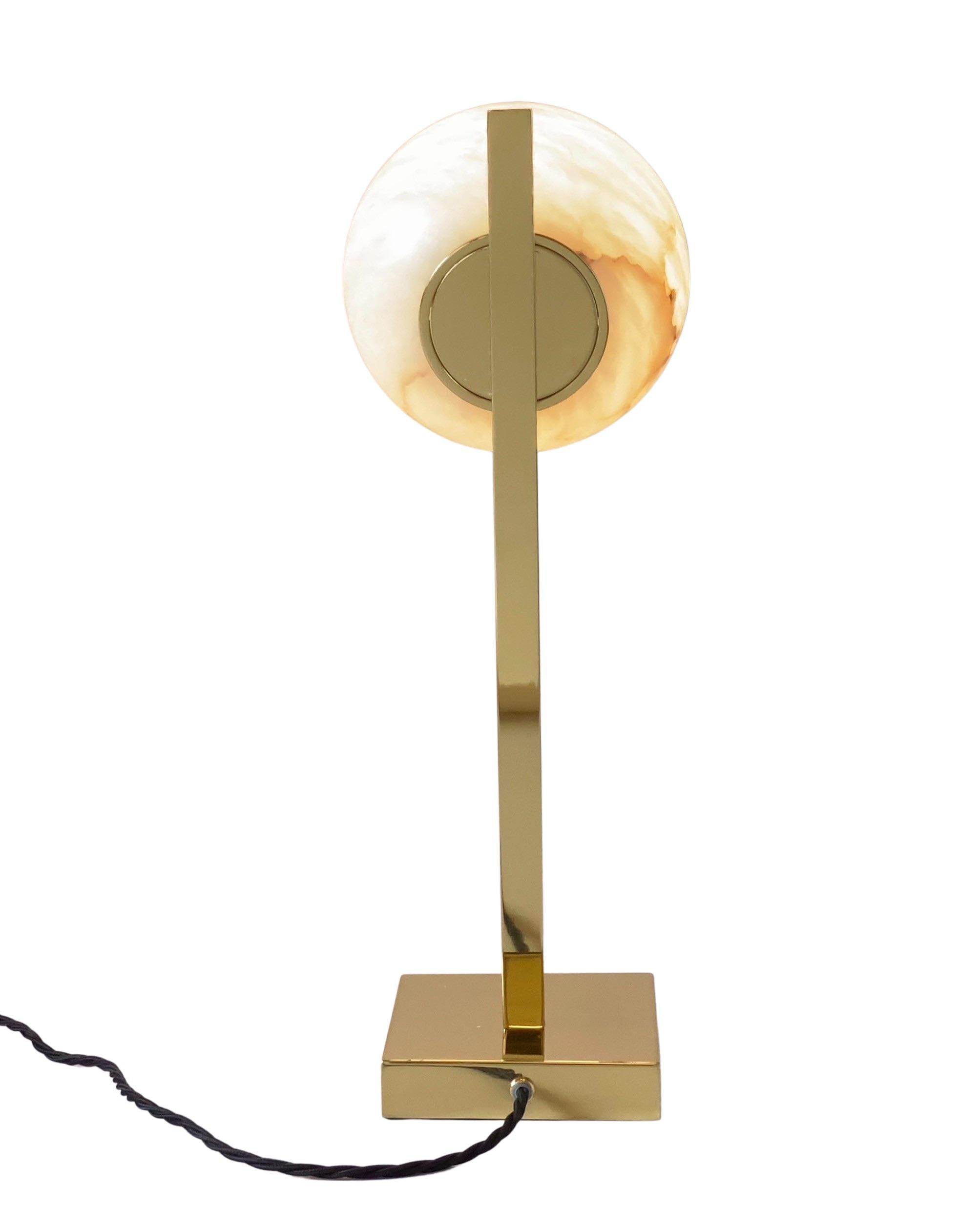 Organic Modern Contemporary Italian Minimalist Geometric White Alabaster Offset Brass Lamp