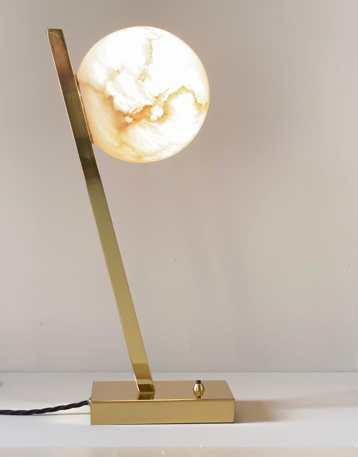 Contemporary Italian Minimalist Geometric White Alabaster Offset Brass Lamp 2