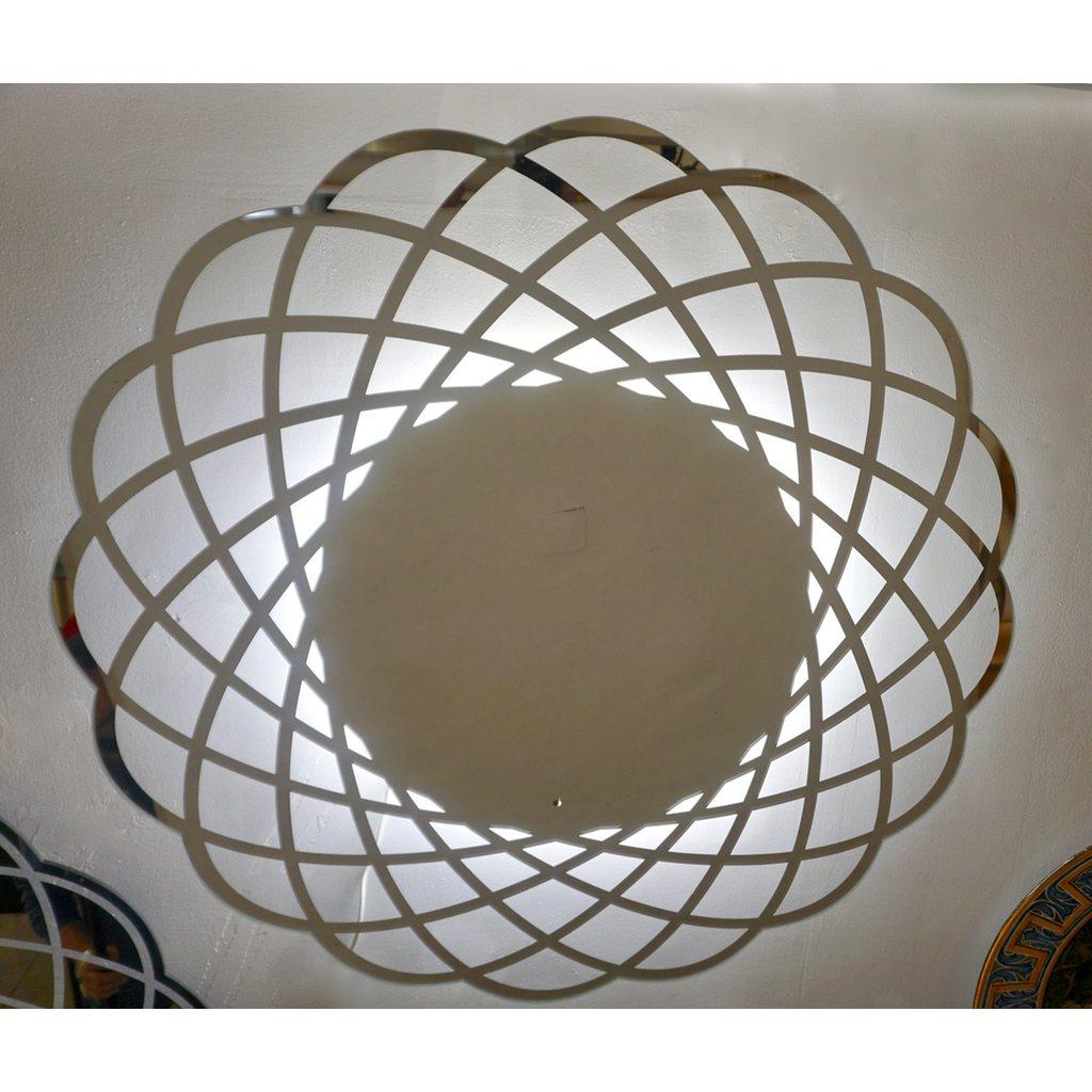 Contemporary organic modern wall lighting flat mirror, entirely handcrafted in glass in Italy, with frosted scalloped edge and lasered decorated on reverse with a silver mirrored openwork lace pattern that lets the background show through. The light