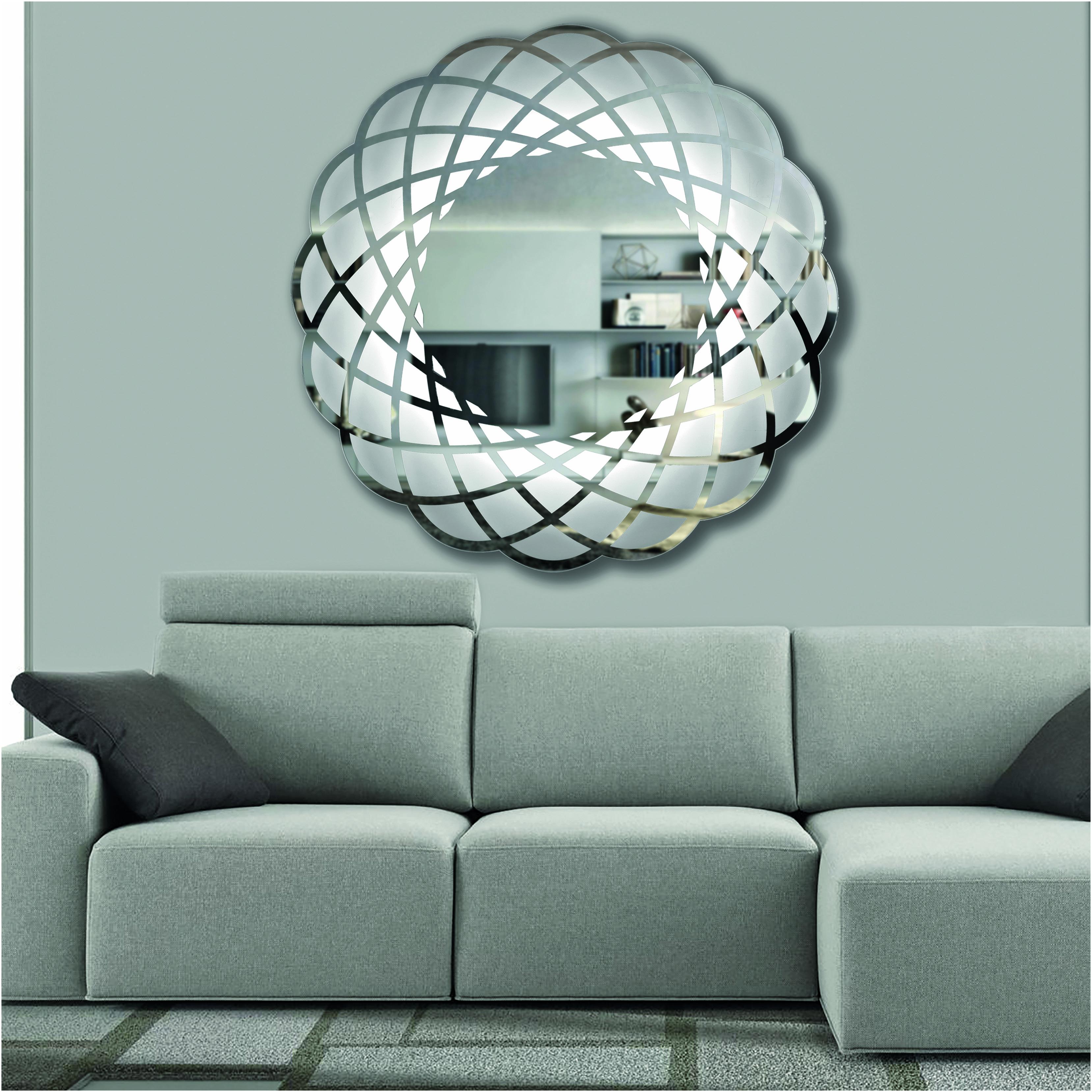 XXIe siècle et contemporain Contemporary Italian Minimalist Lace Decor Scalloped Round Mirror with Light (miroir rond festonné avec lumière) en vente