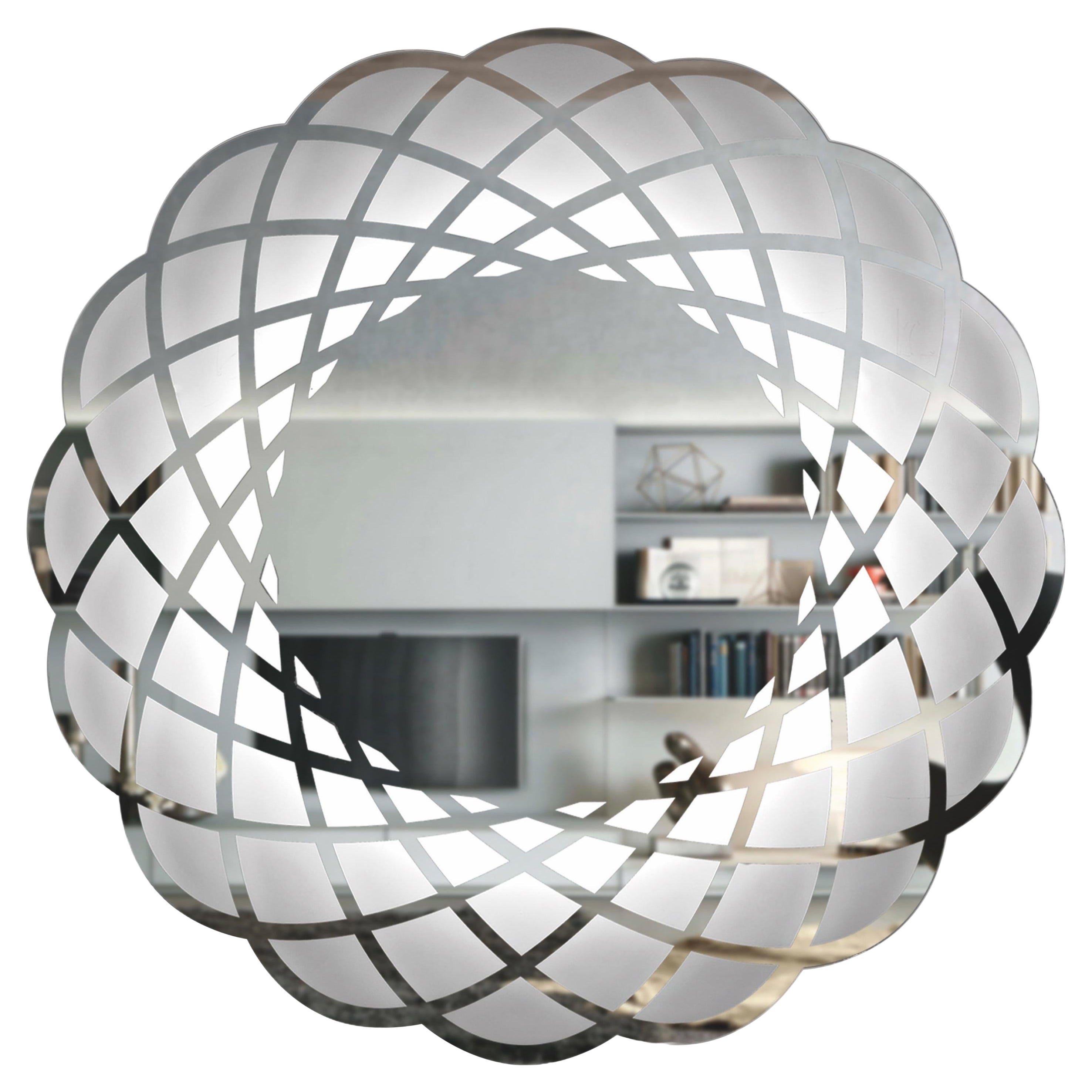 Contemporary Italian Minimalist Lace Decor Scalloped Round Mirror with Light (miroir rond festonné avec lumière)
