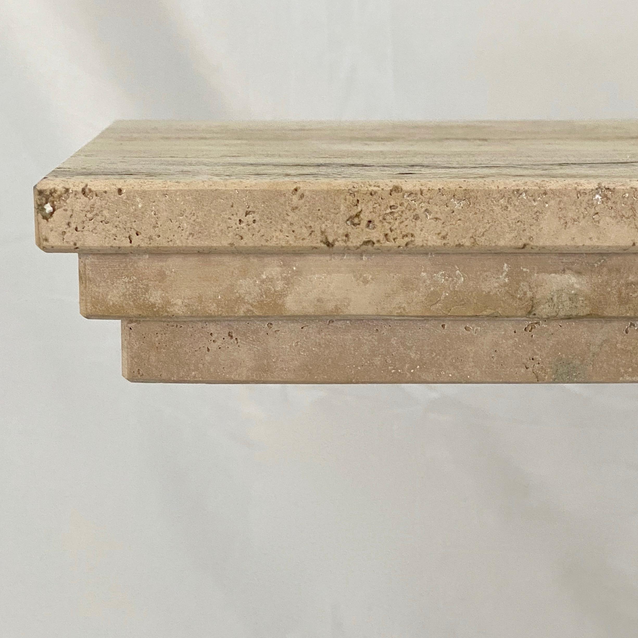 Hand-Carved Contemporary Italian Minimalist Organic White Beige Travertine Marble Console For Sale