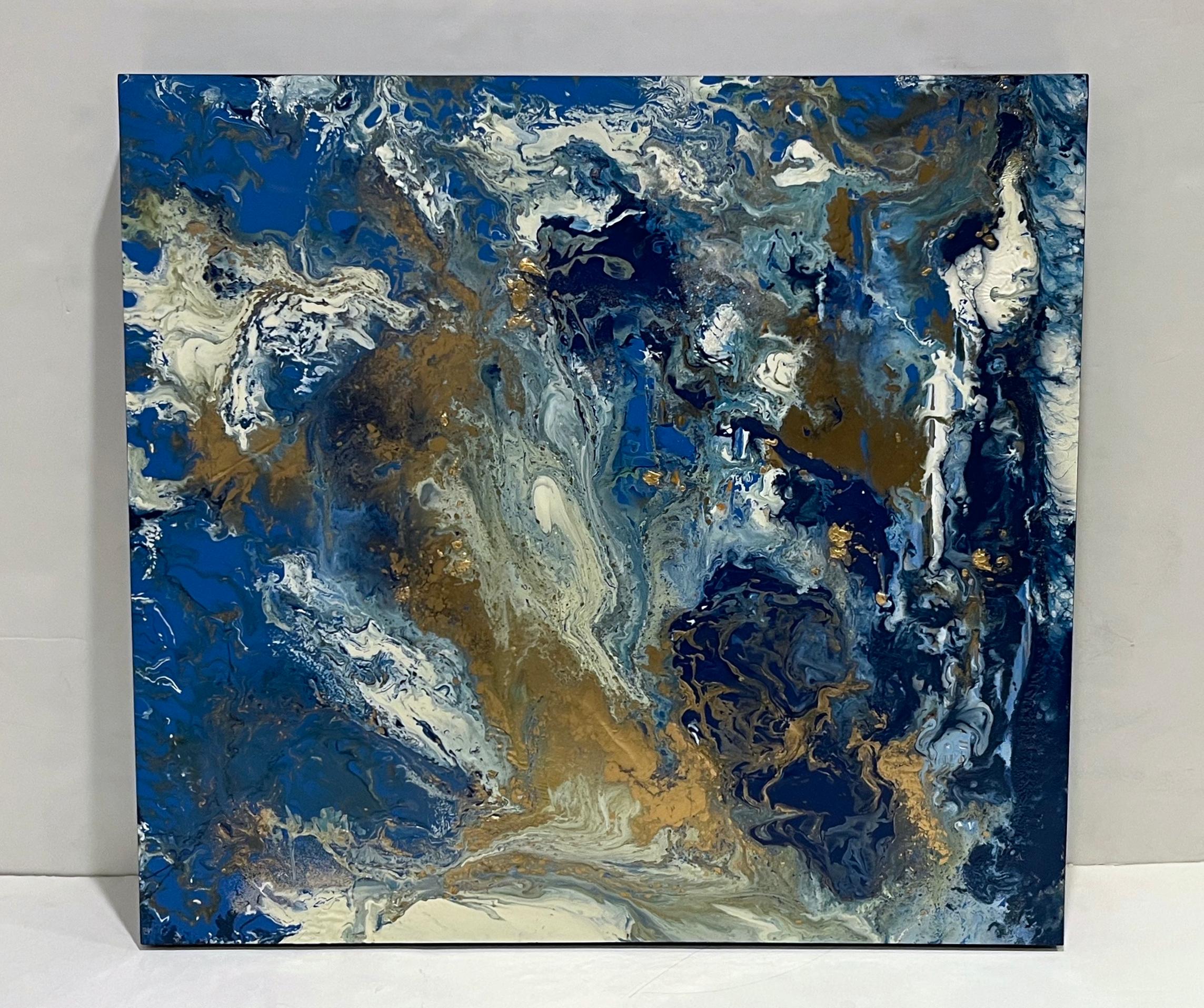 Or Peinture à l'huile abstraite italienne contemporaine et moderne, or blanc et bleu roi en vente