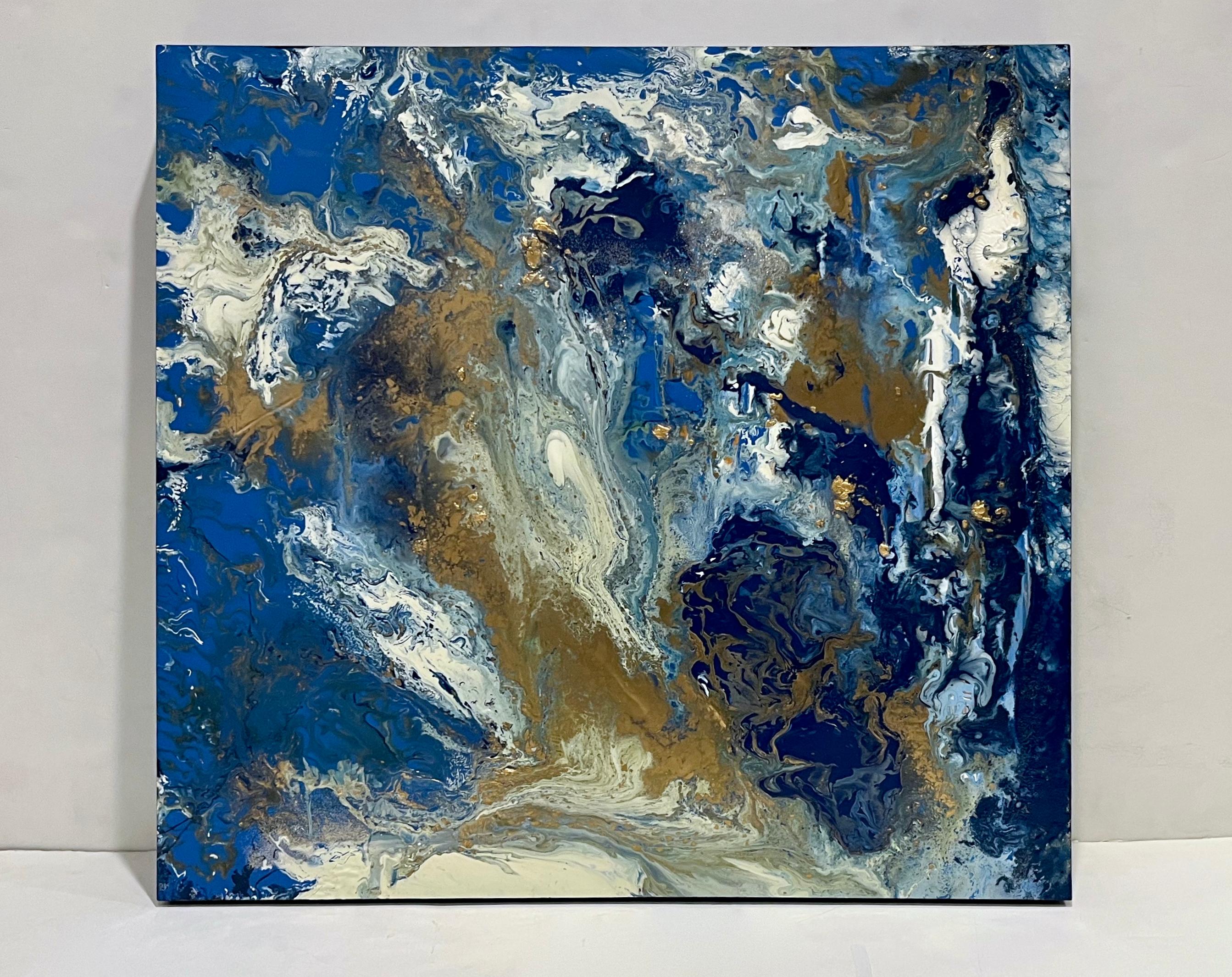 Peinture à l'huile abstraite italienne contemporaine et moderne, or blanc et bleu roi en vente 2