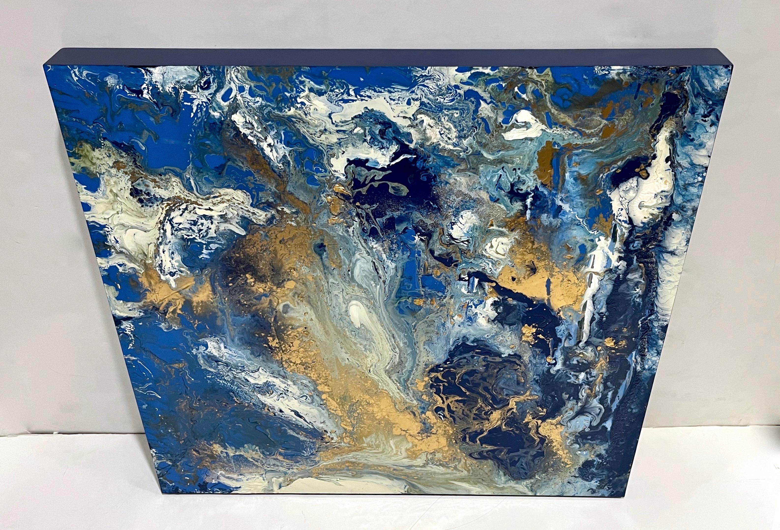 Bring color and an energized feel to your interior with this contemporary Italian Oil Painting on Board. By unknown artist, the abstract paint splatter decor in marbling white, royal and cobalt blues, enriched with gold paint made of genuine 24k