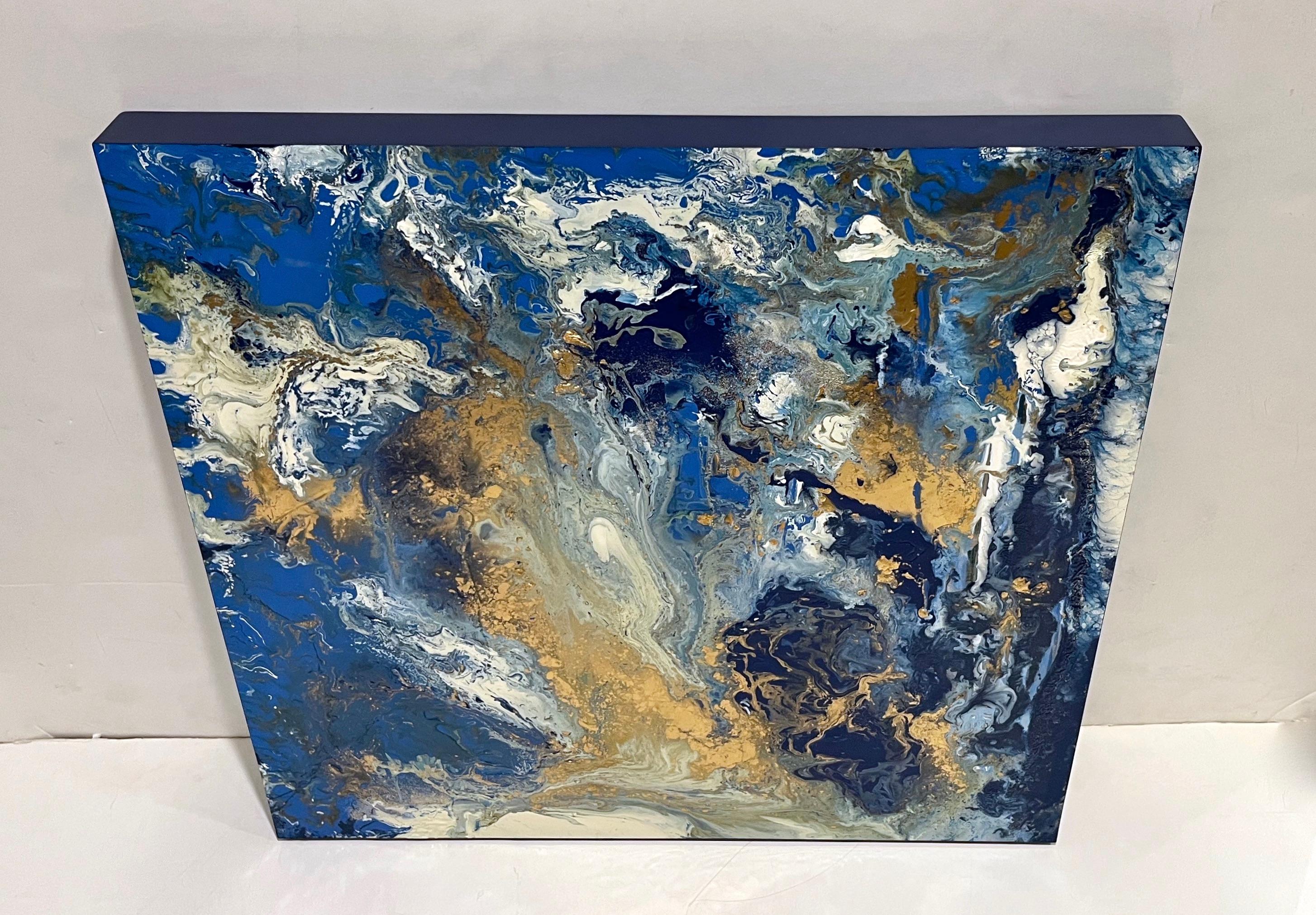 Contemporary Italian Modern Abstract Wall Art White Gold Royal Blue Oil Painting In Excellent Condition For Sale In New York, NY