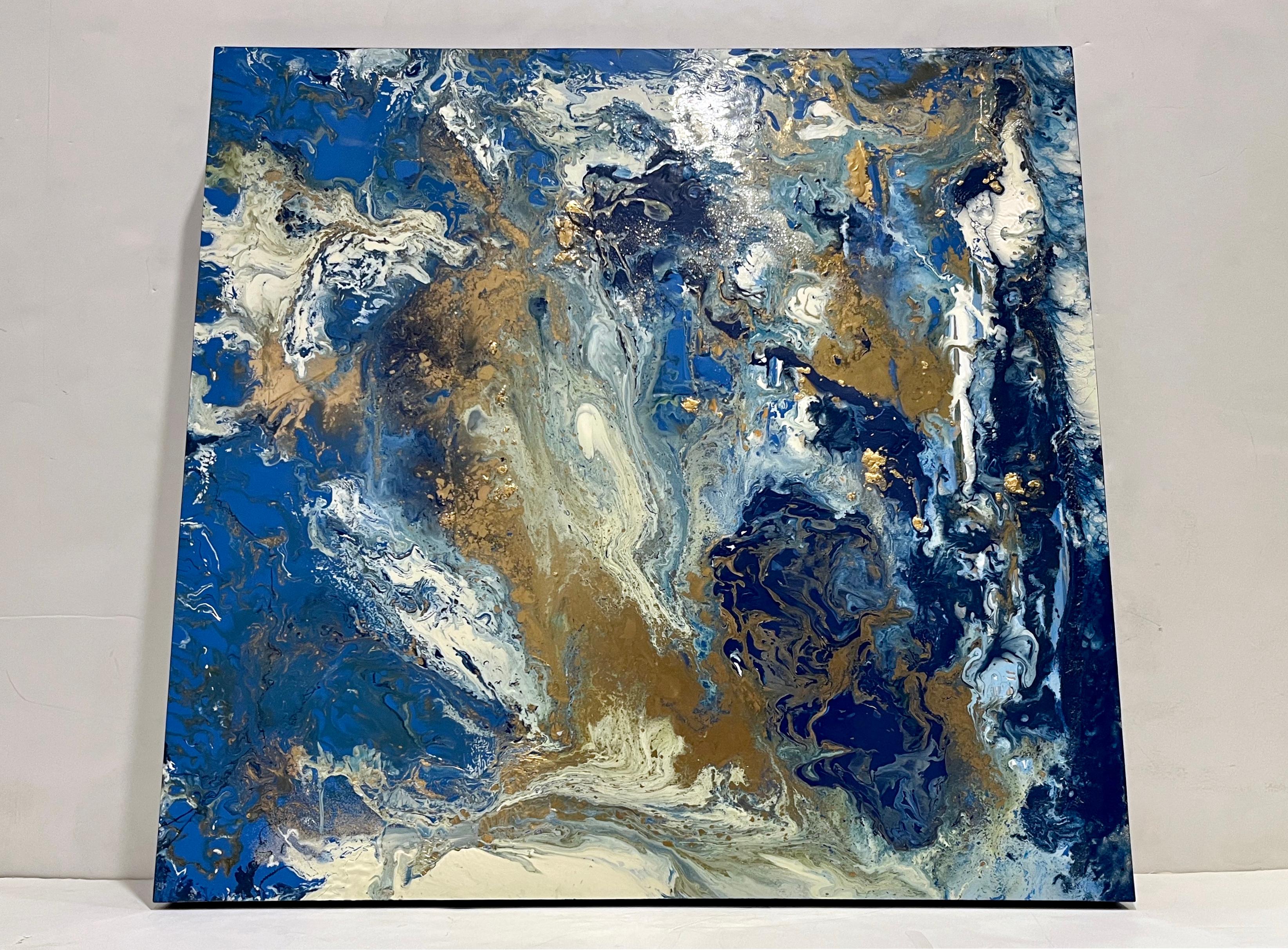 XXIe siècle et contemporain Peinture à l'huile abstraite italienne contemporaine et moderne, or blanc et bleu roi en vente