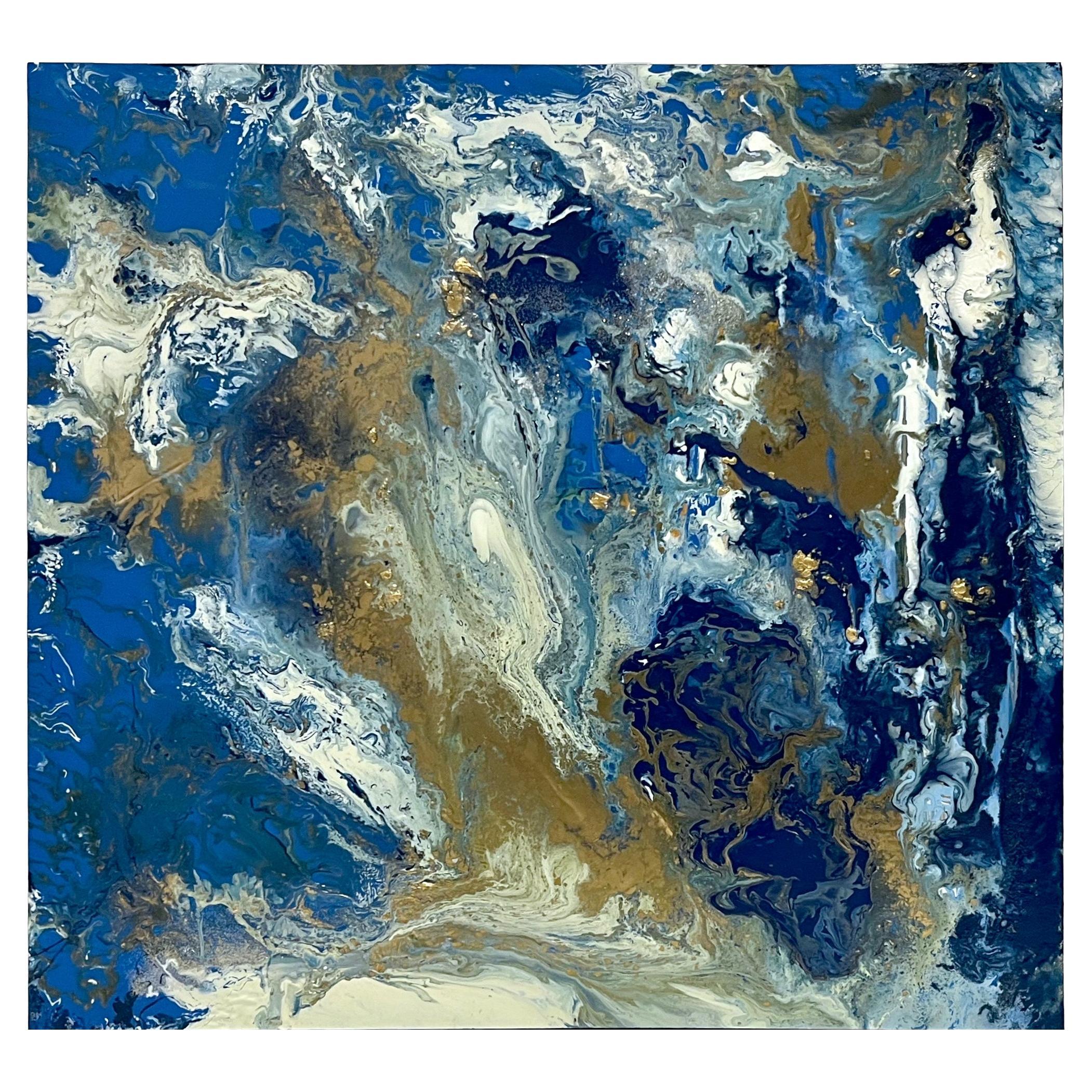 Peinture à l'huile abstraite italienne contemporaine et moderne, or blanc et bleu roi