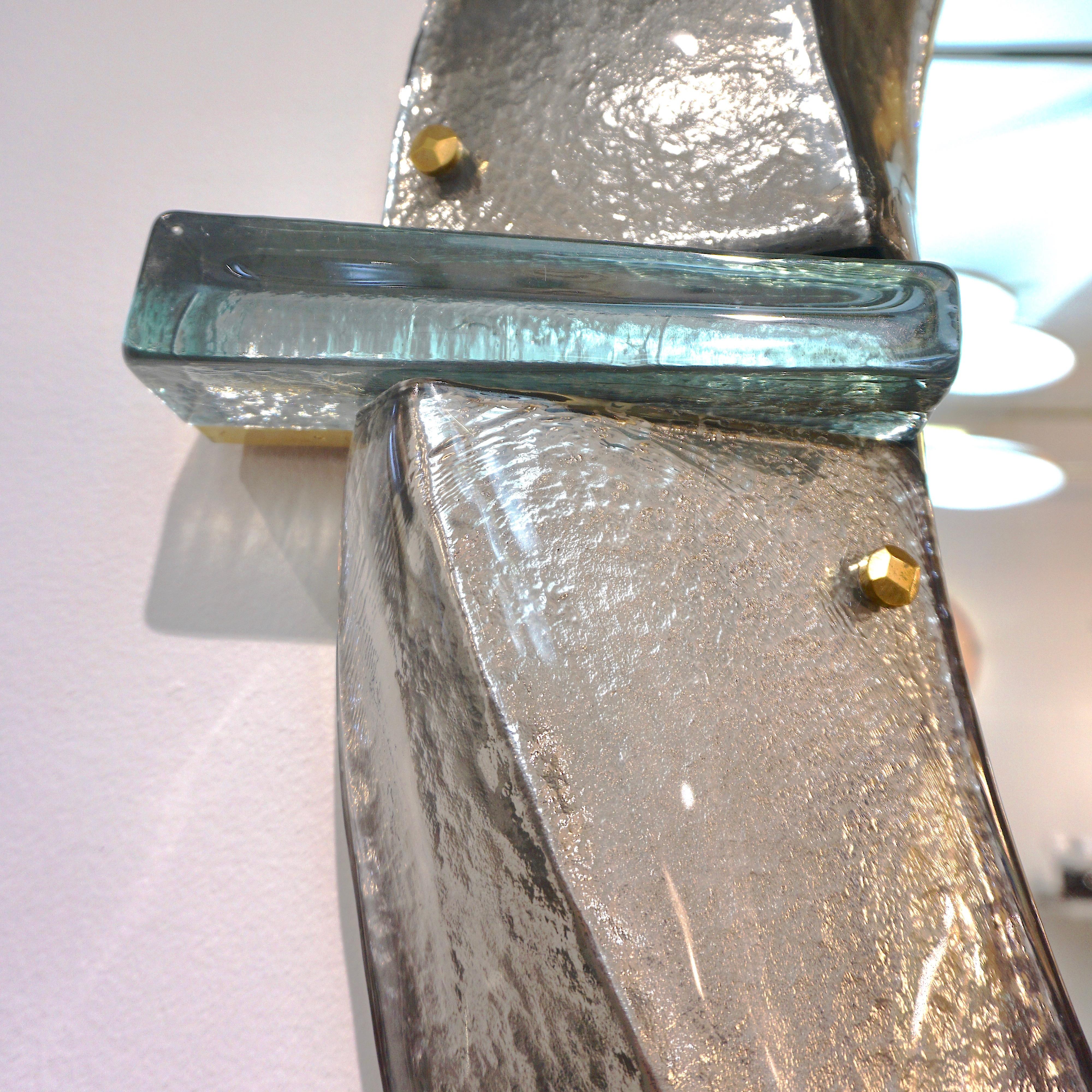 Contemporary Bespoke Organic Modern Italian Black Silver Aqua Murano Glass Brass Round Mirror