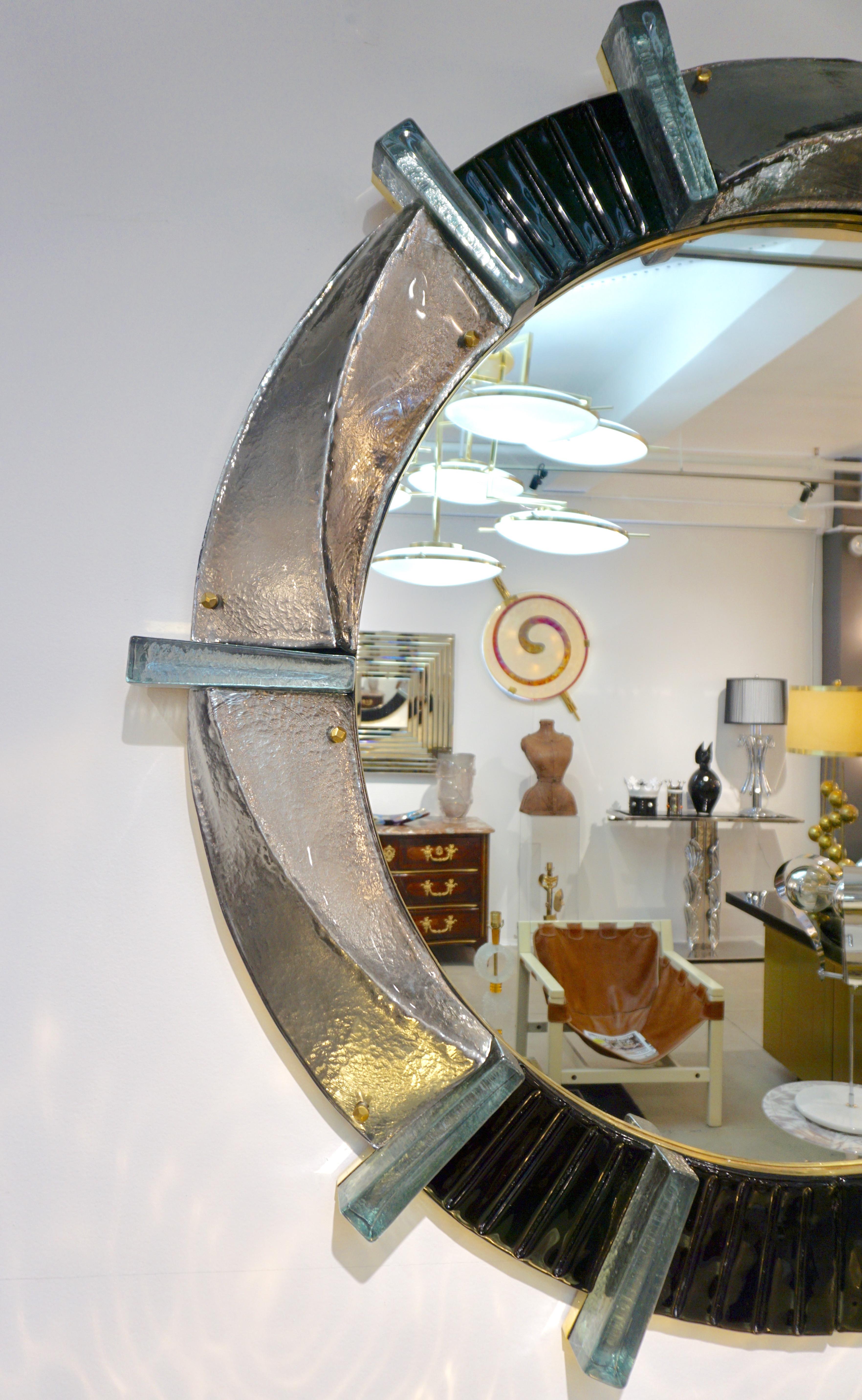 Bespoke Organic Modern Italian Black Silver Aqua Murano Glass Brass Round Mirror 4