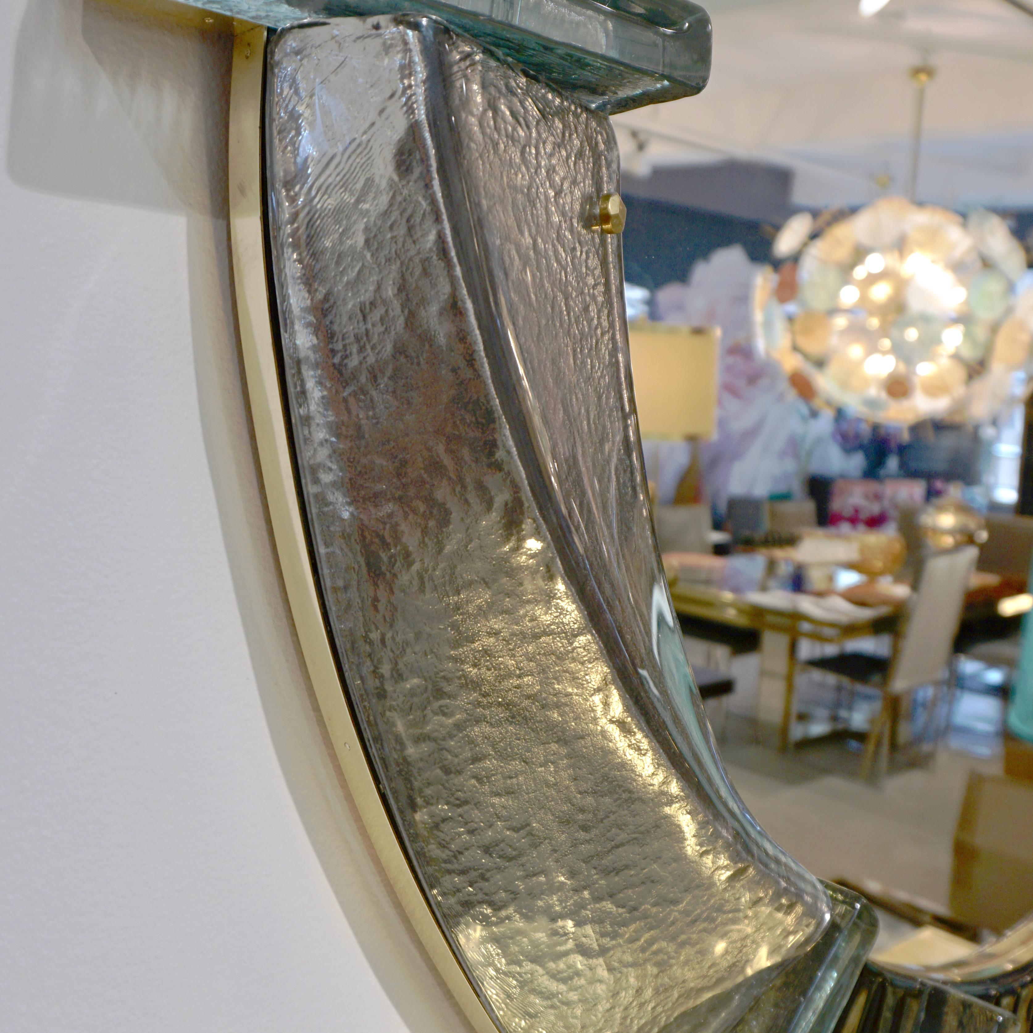 Hand-Crafted Bespoke Organic Modern Italian Black Silver Aqua Murano Glass Brass Round Mirror