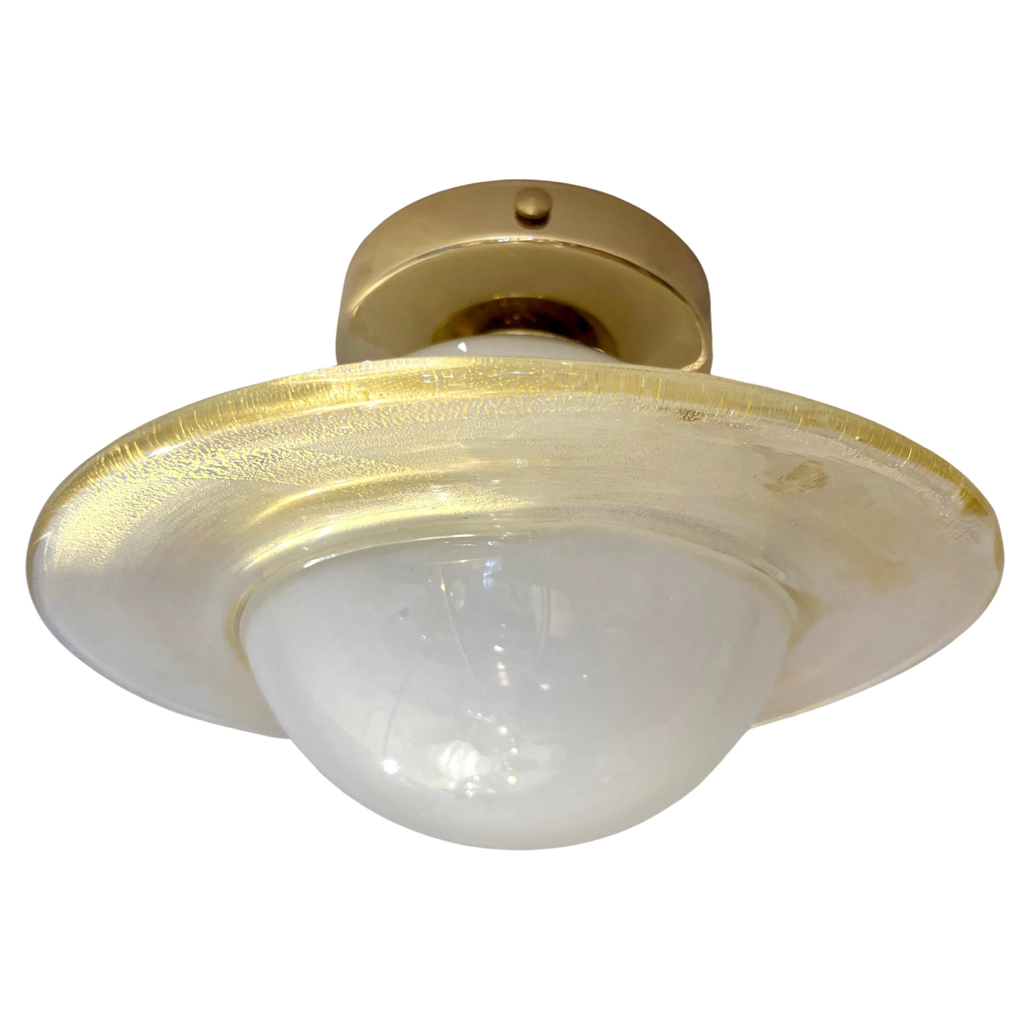 Contemporary Italian Modern Cream White Gold Murano Glass Brass Round Flushmount For Sale