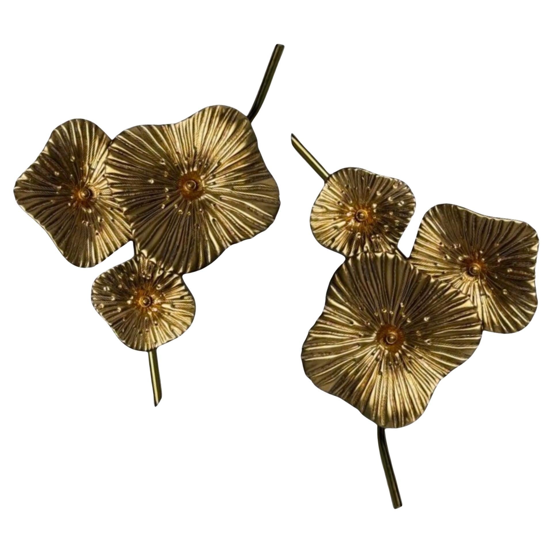 Contemporary, Italian Modern, Flower Sconces, Murano Glass, Gold Leaf, Brass For Sale