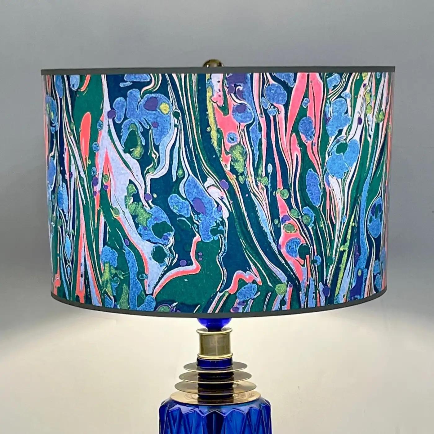 Contemporary Italian Modern Pair of Cobalt Blue Murano Glass Brass Table Lamps 4