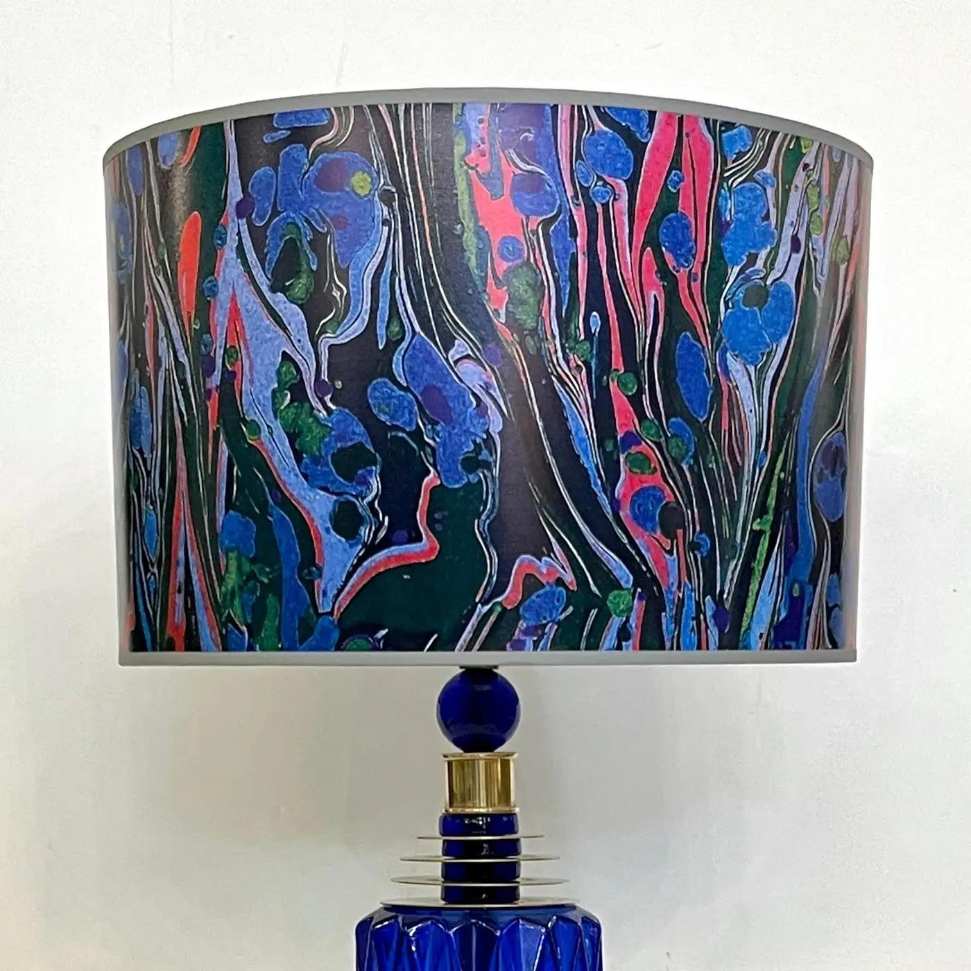 Contemporary Italian Modern Pair of Cobalt Blue Murano Glass Brass Table Lamps 5