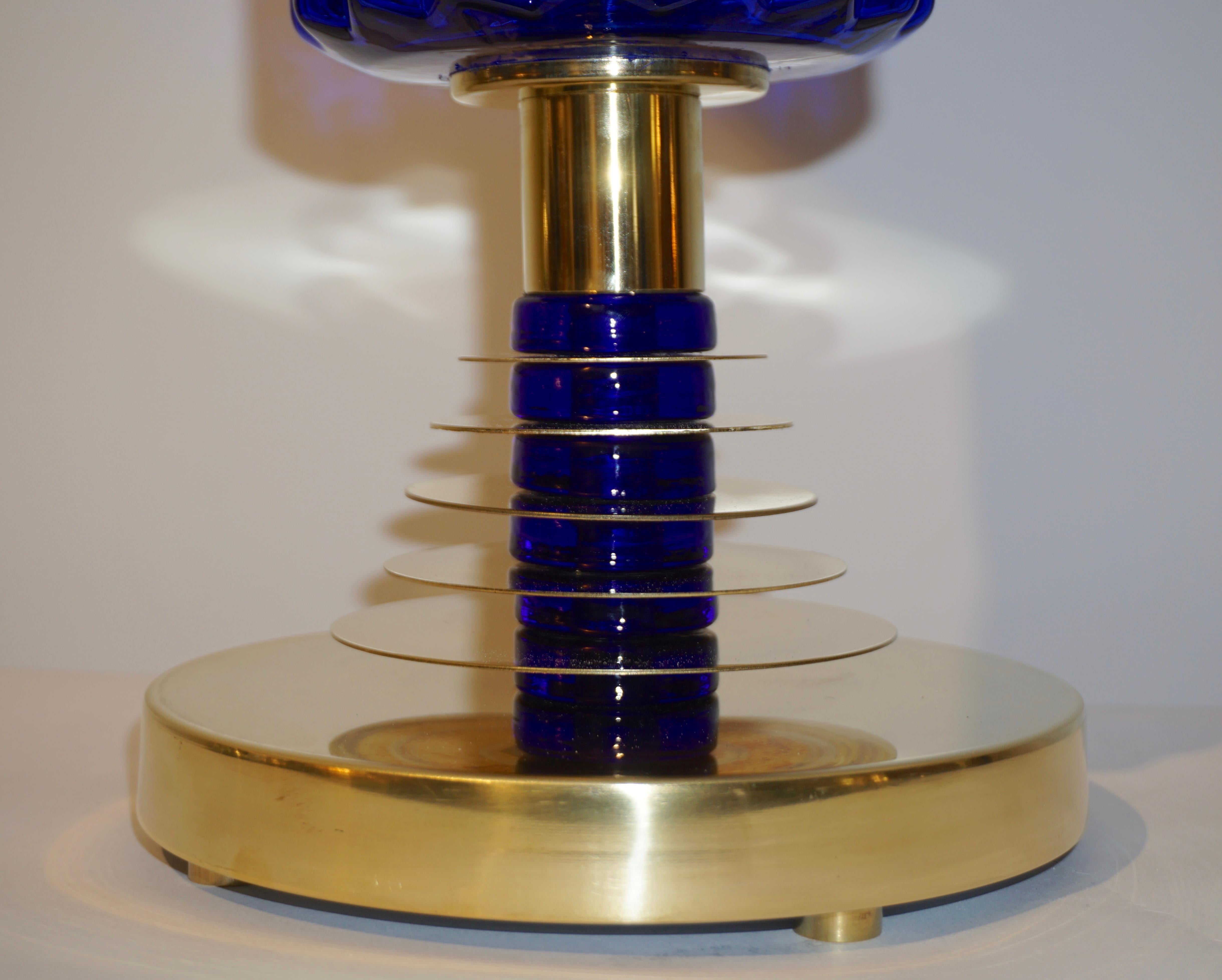 Contemporary Italian Modern Pair of Cobalt Blue Murano Glass Brass Table Lamps 7