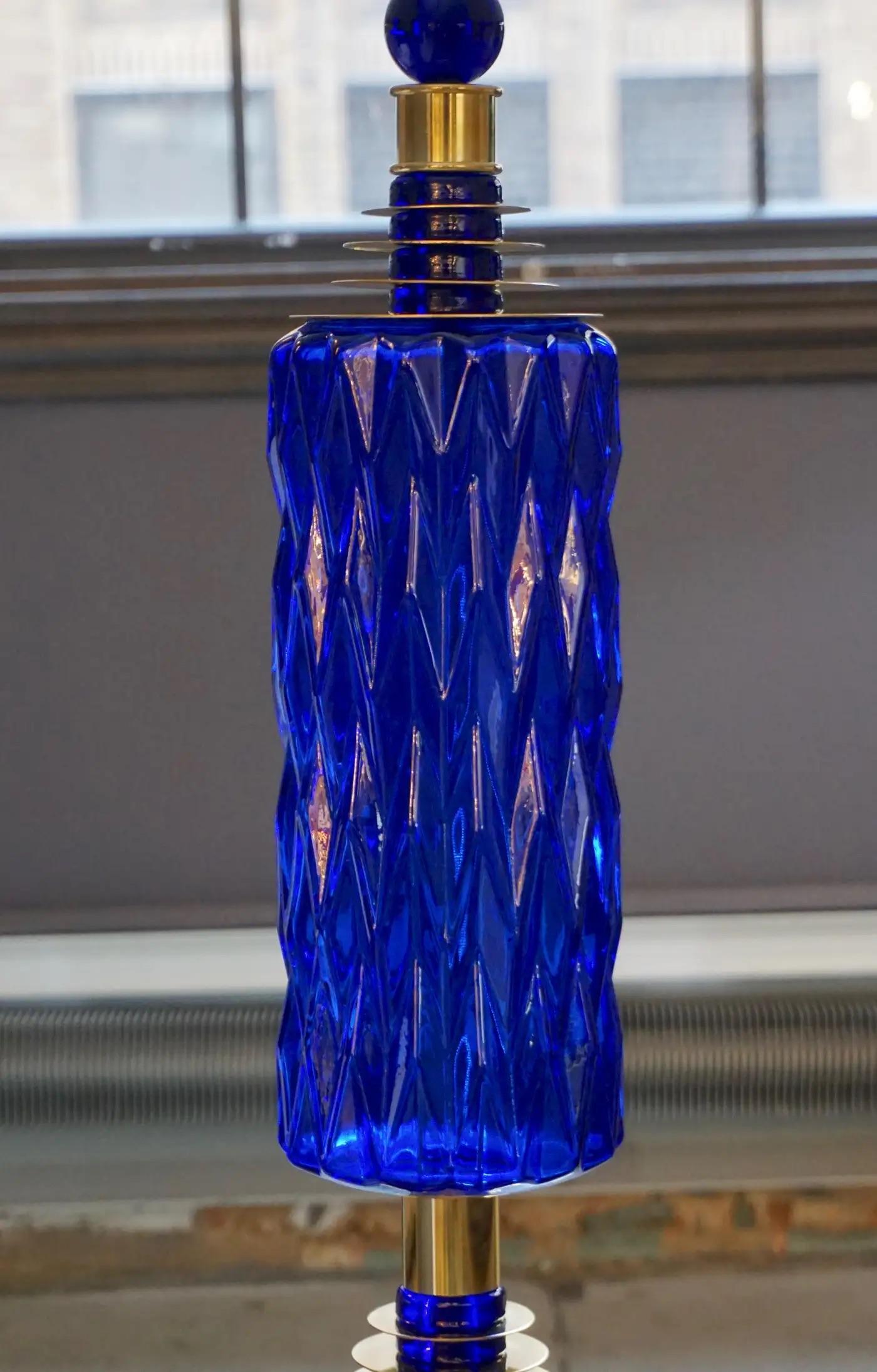 European Contemporary Italian Modern Pair of Cobalt Blue Murano Glass Brass Table Lamps