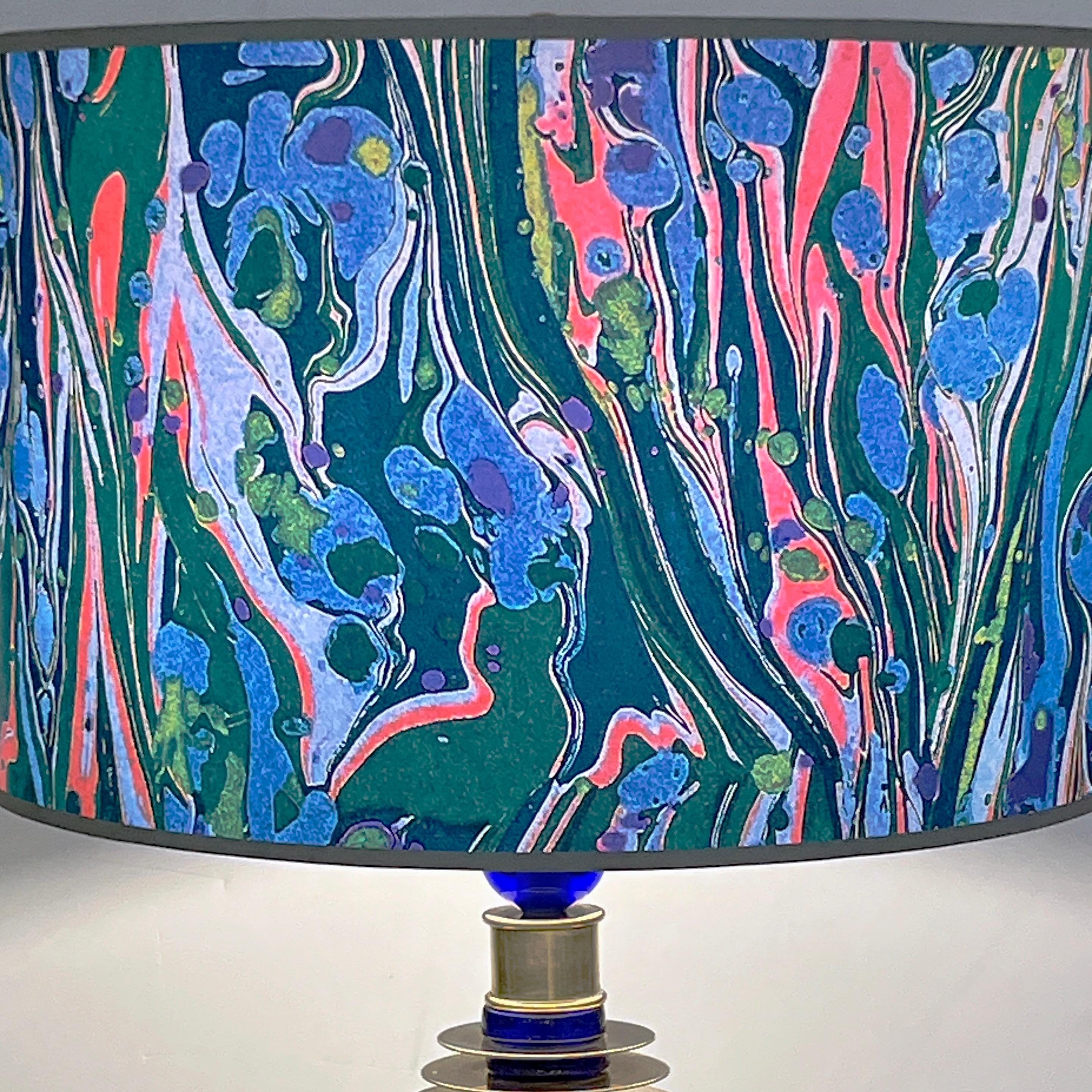 Contemporary Italian Modern Pair of Cobalt Blue Murano Glass Brass Table Lamps 1