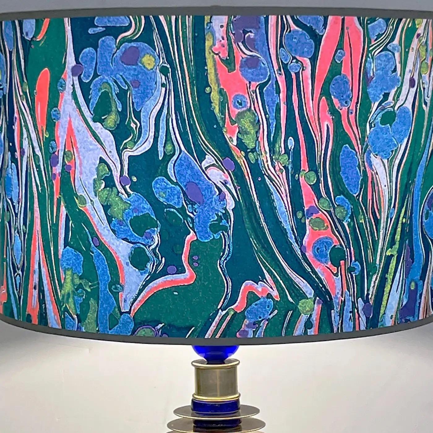 Contemporary Italian Modern Pair of Cobalt Blue Murano Glass Brass Table Lamps In Excellent Condition In New York, NY