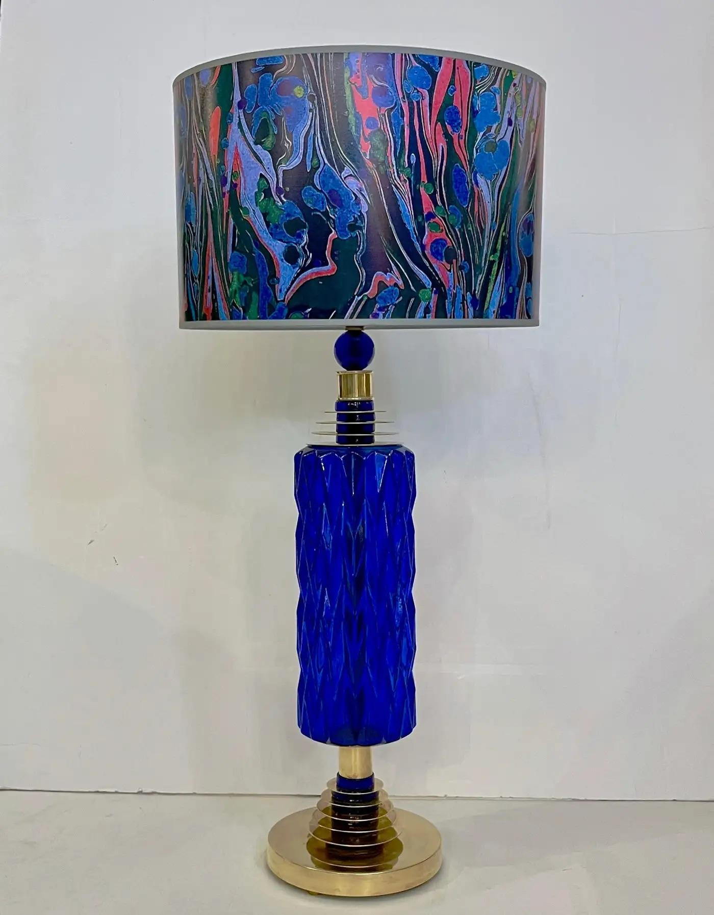 Contemporary Italian Modern Pair of Cobalt Blue Murano Glass Brass Table Lamps 1