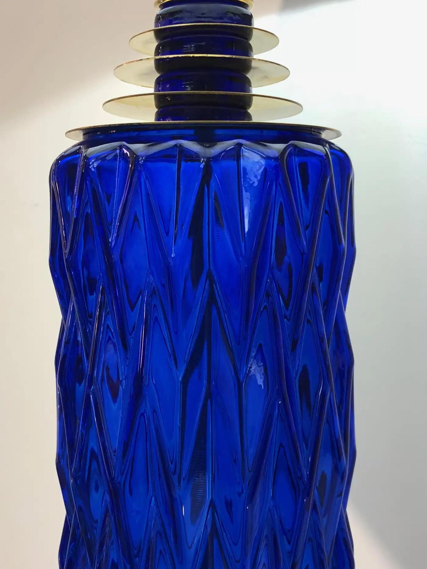 Contemporary Italian Modern Pair of Cobalt Blue Murano Glass Brass Table Lamps 2
