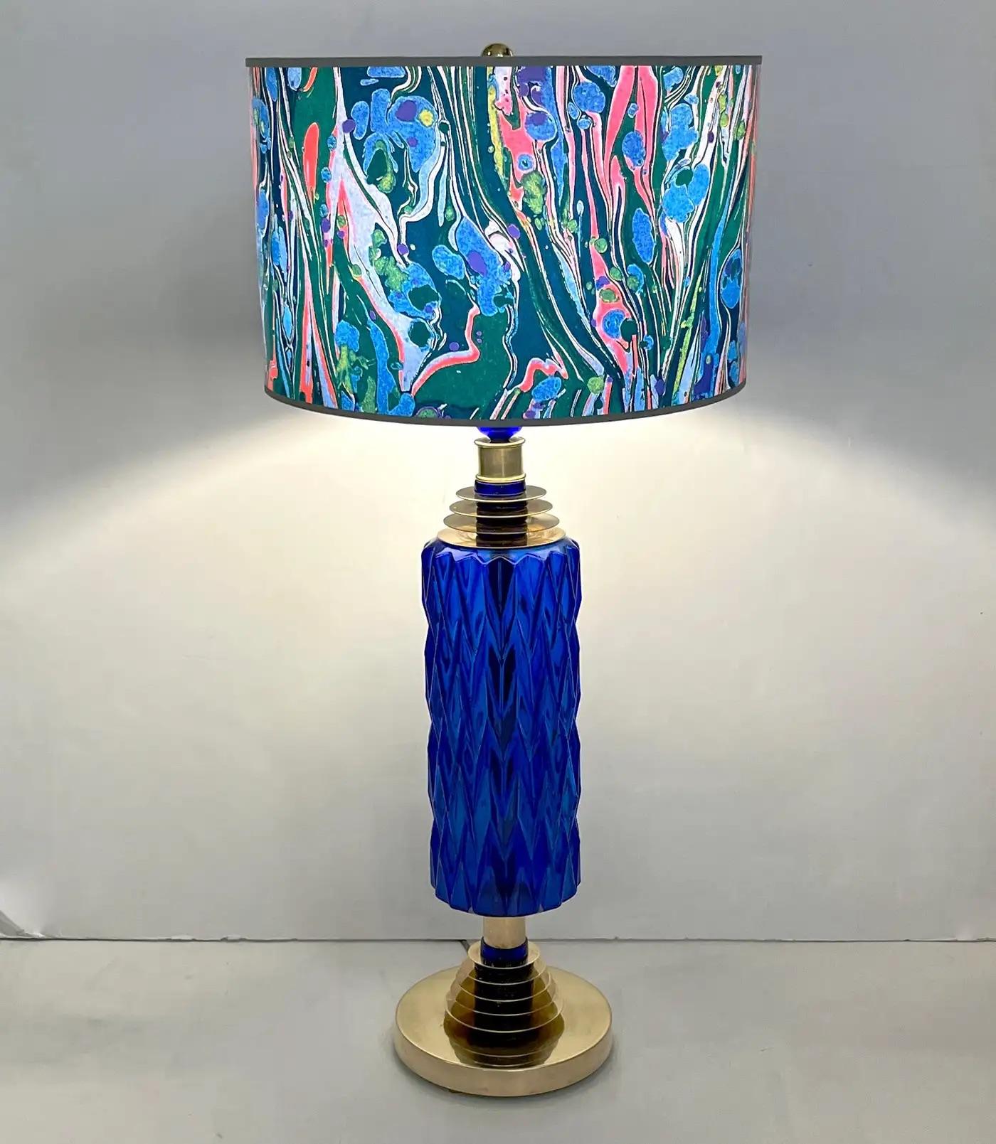 Contemporary Italian Modern Pair of Cobalt Blue Murano Glass Brass Table Lamps 3