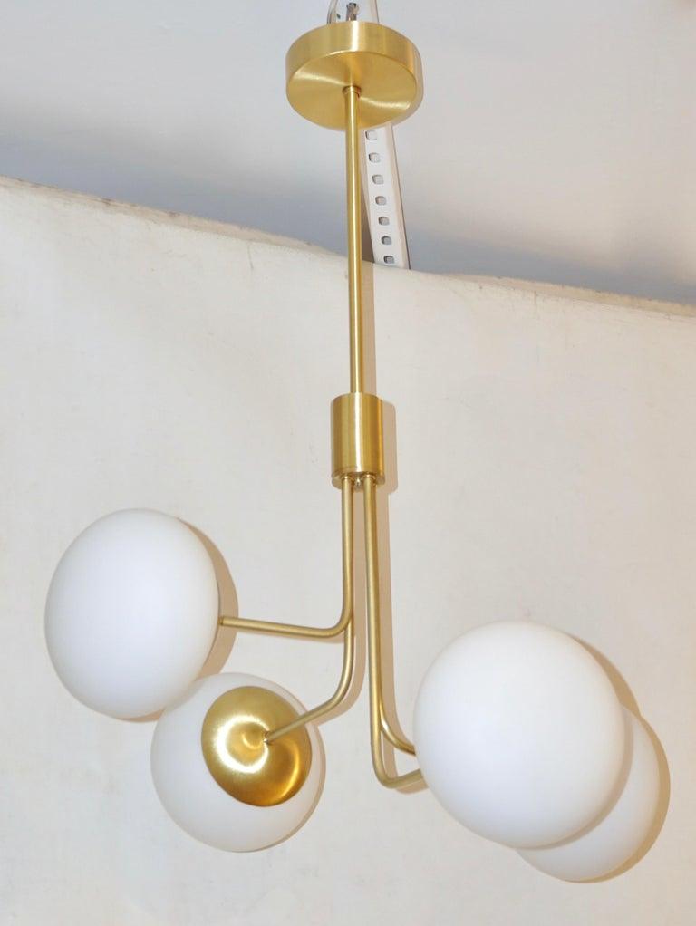 Mid-Century Modern Contemporary Italian Modern Satin Brass & 4 White Murano Glass Globe Chandelier For Sale