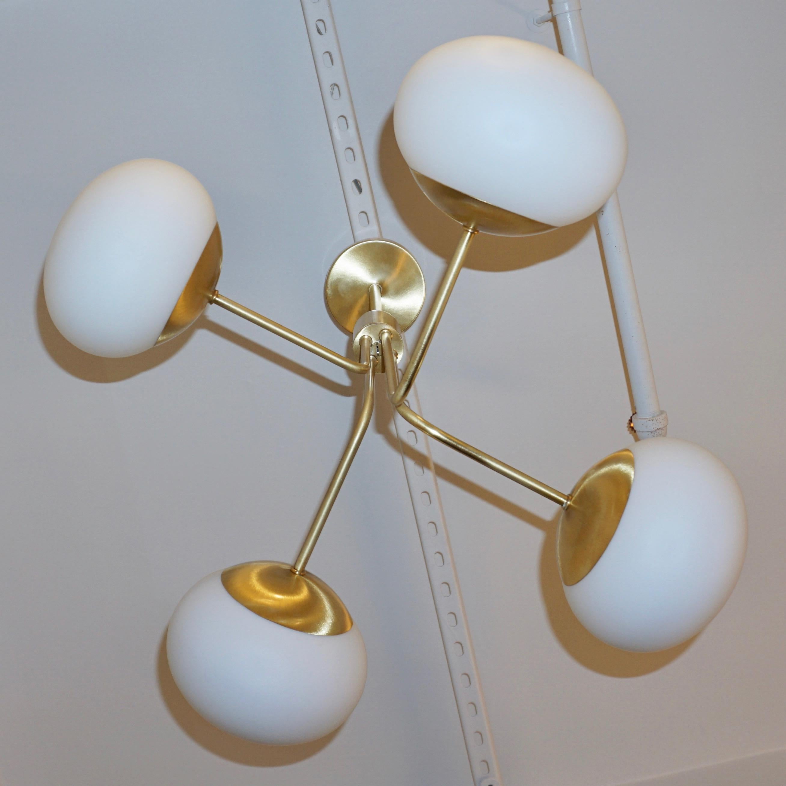 Hand-Crafted Contemporary Italian Modern Satin Brass & 4 White Murano Glass Globe Chandelier For Sale