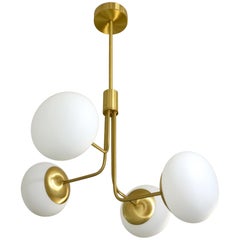 Contemporary Italian Modern Satin Brass & 4 White Murano Glass Globe Chandelier