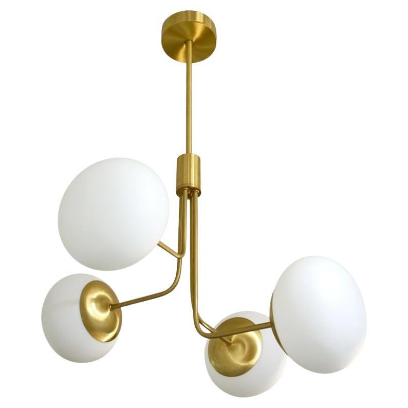 Contemporary Italian Modern Satin Brass & 4 White Murano Glass Globe Chandelier For Sale