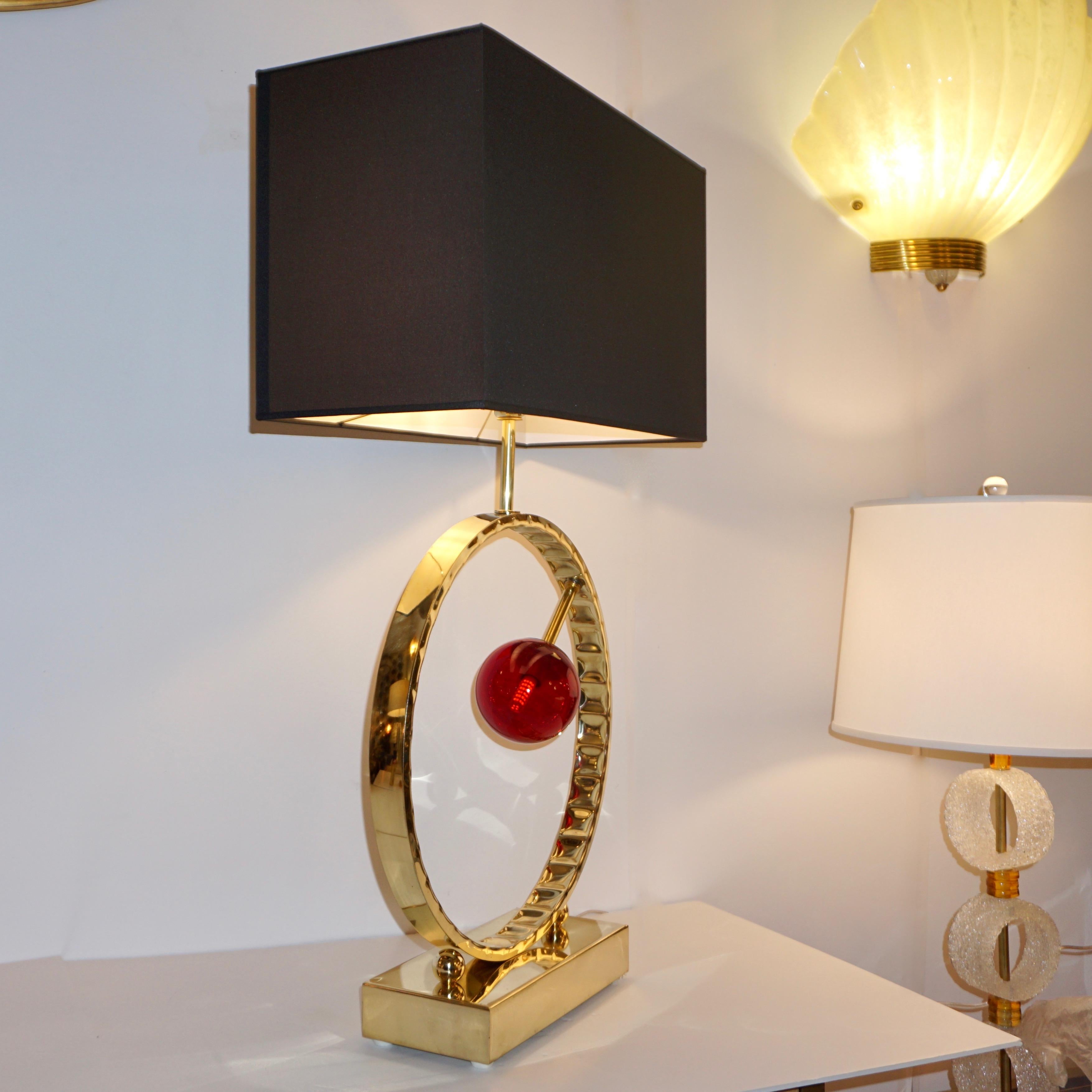 Hand-Crafted Contemporary Italian Monumental Pair of Brass & Red Murano Glass Console Lamps For Sale