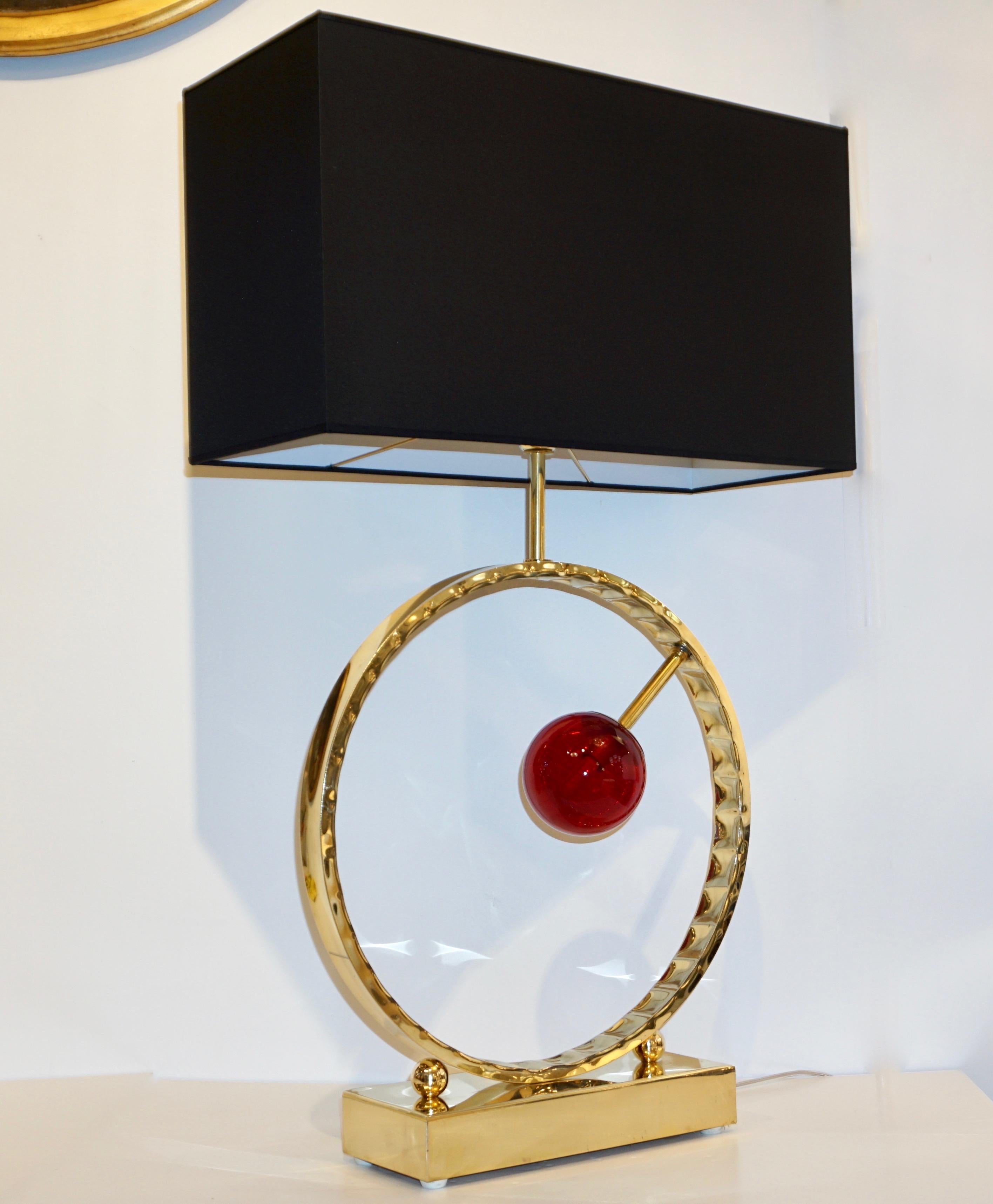 Contemporary Italian Monumental Pair of Brass & Red Murano Glass Console Lamps For Sale 9