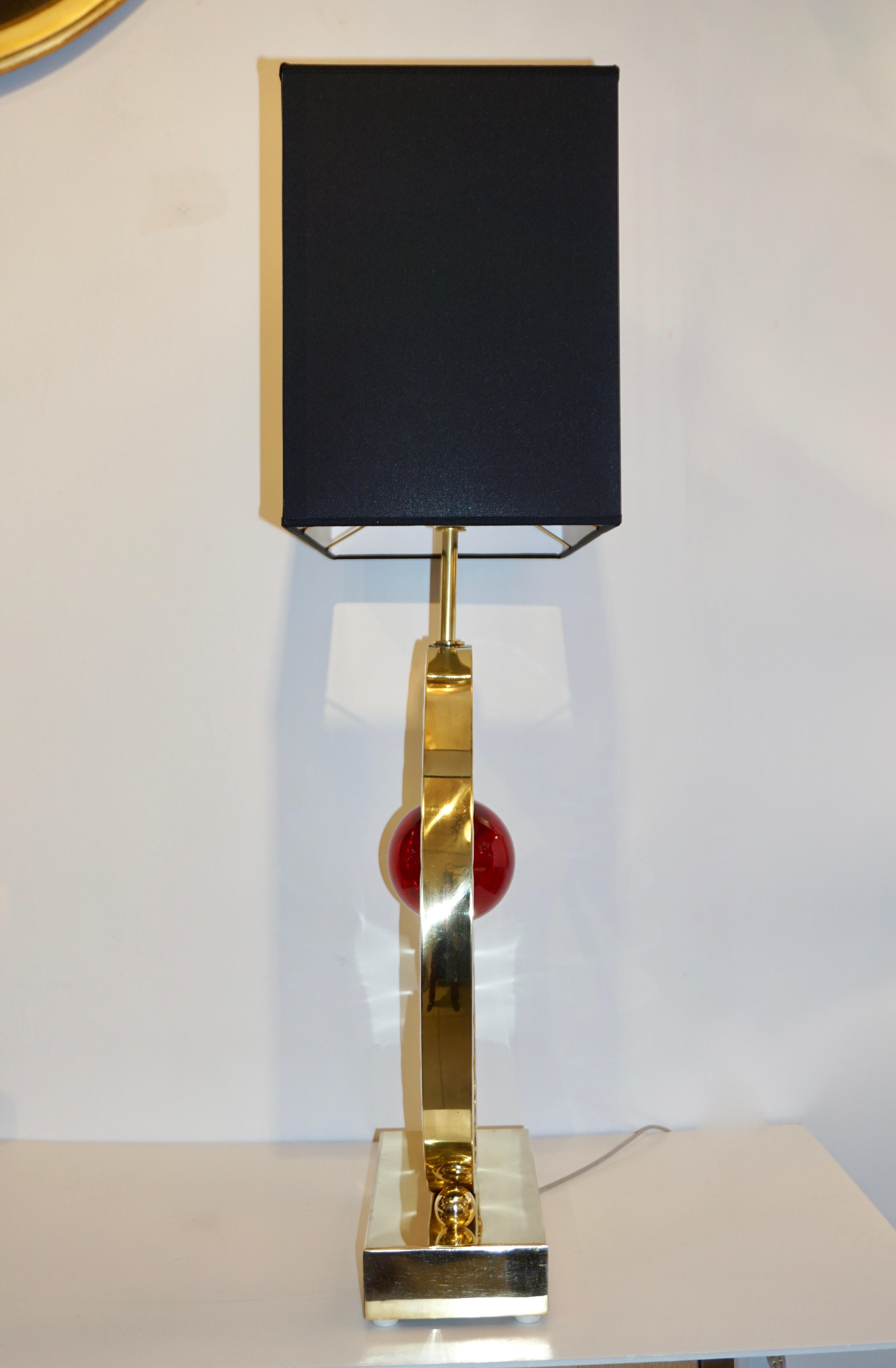 Organic Modern Contemporary Italian Monumental Pair of Brass & Red Murano Glass Console Lamps