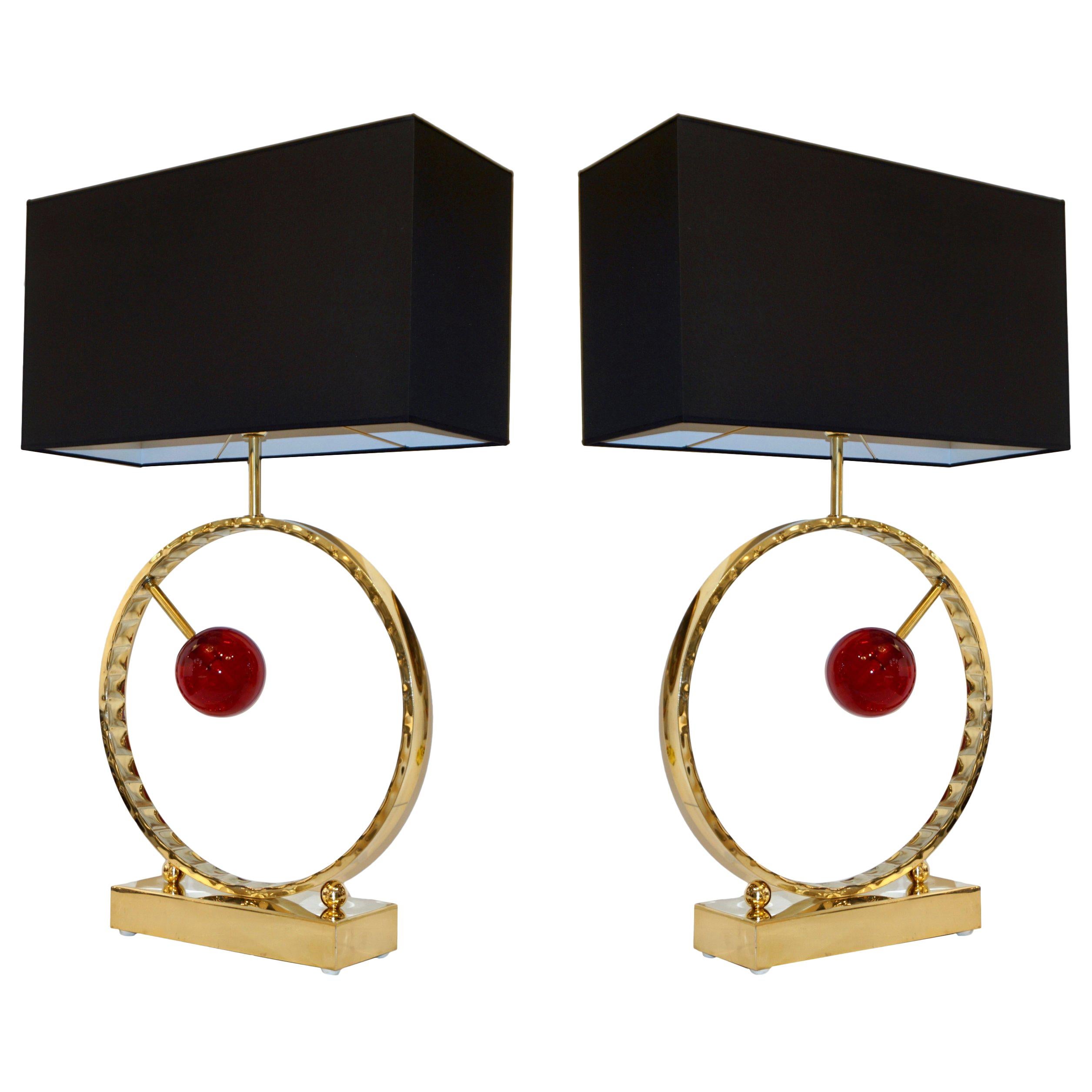 Contemporary Italian Monumental Pair of Brass & Red Murano Glass Console Lamps For Sale