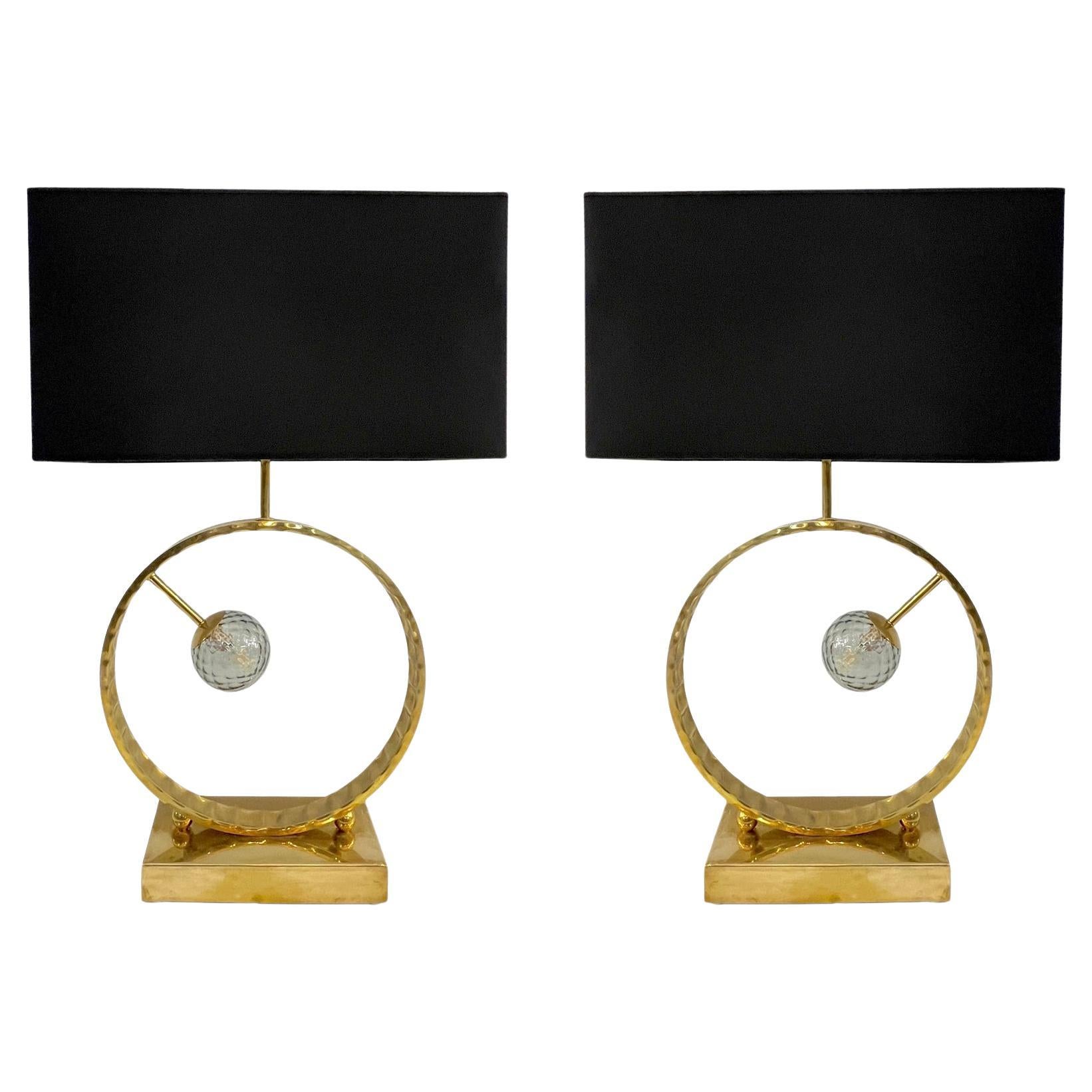 Contemporary Italian Monumental Pair of Brass & Smoked Murano Glass Table Lamps For Sale 8