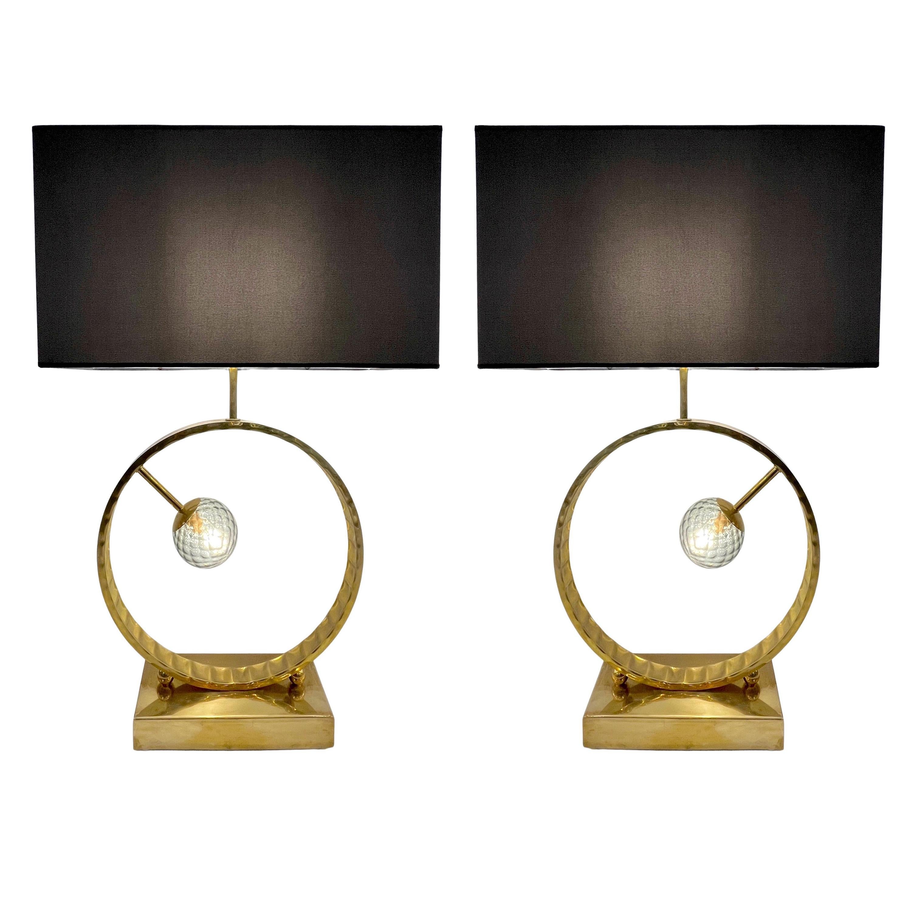 Contemporary Italian Monumental Pair of Brass & Smoked Murano Glass Table Lamps For Sale 15