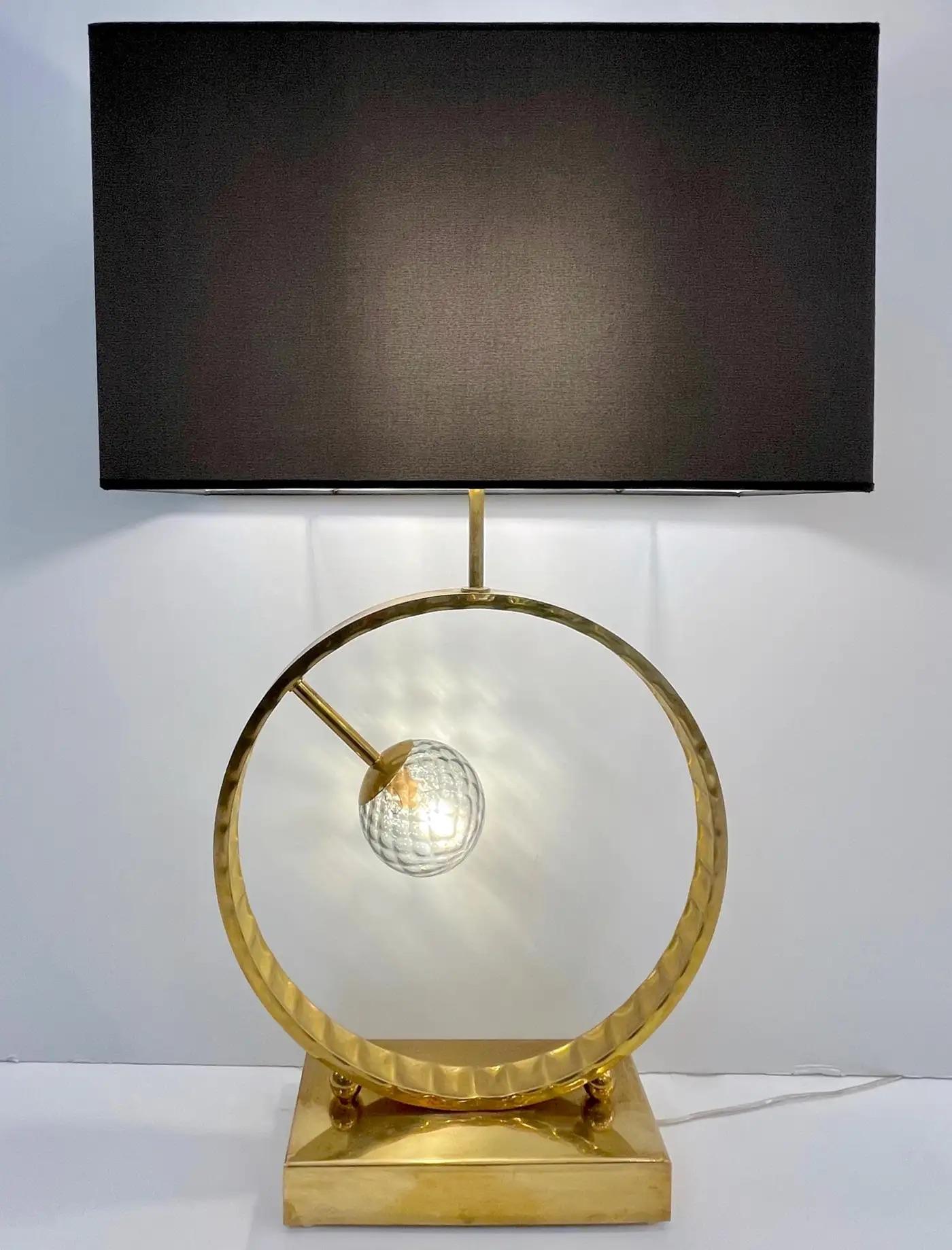 Organic Modern Contemporary Italian Monumental Pair of Brass & Smoked Murano Glass Table Lamps For Sale
